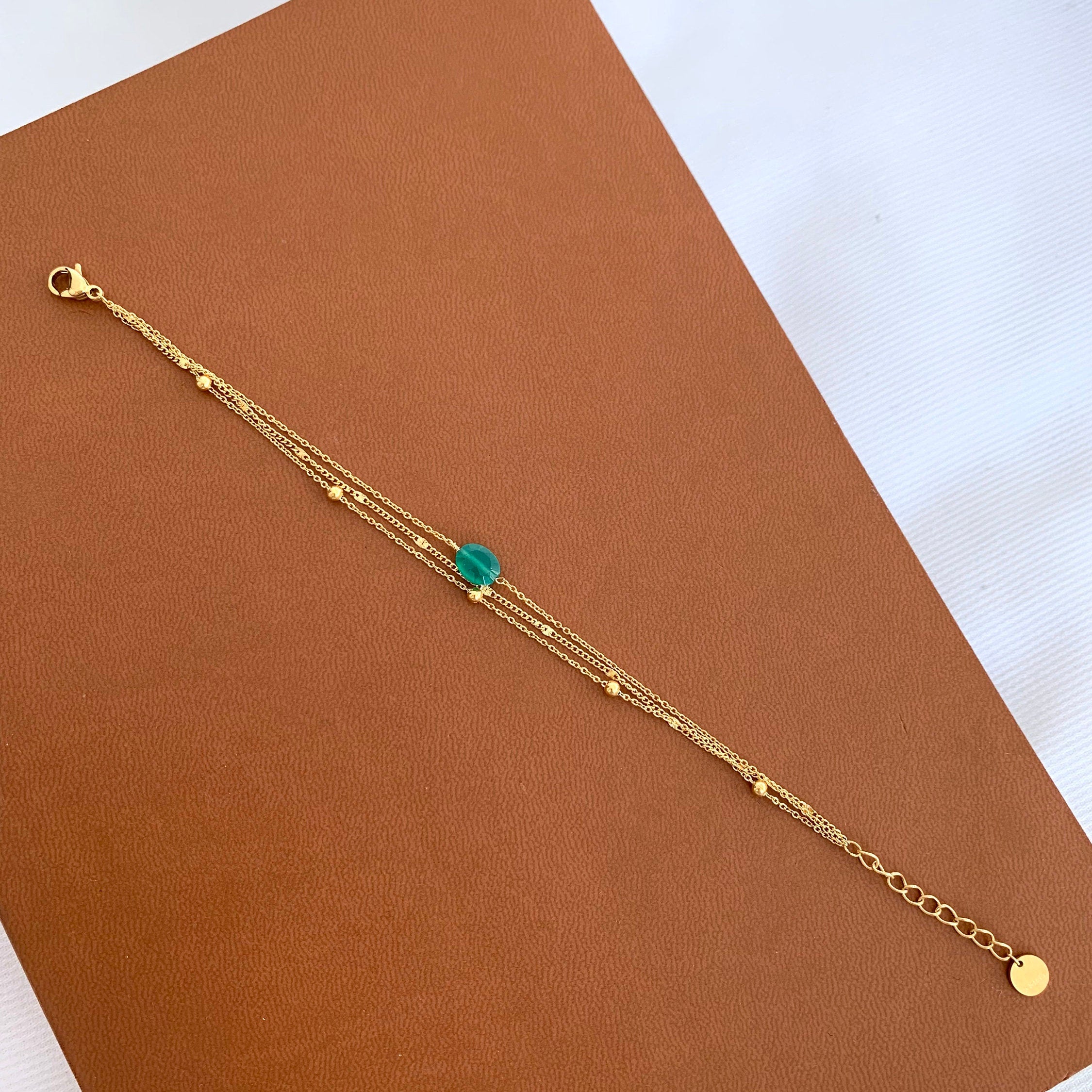 Bracelet femme acier inoxydable triple rang chaine fine pierre naturelle agate verte