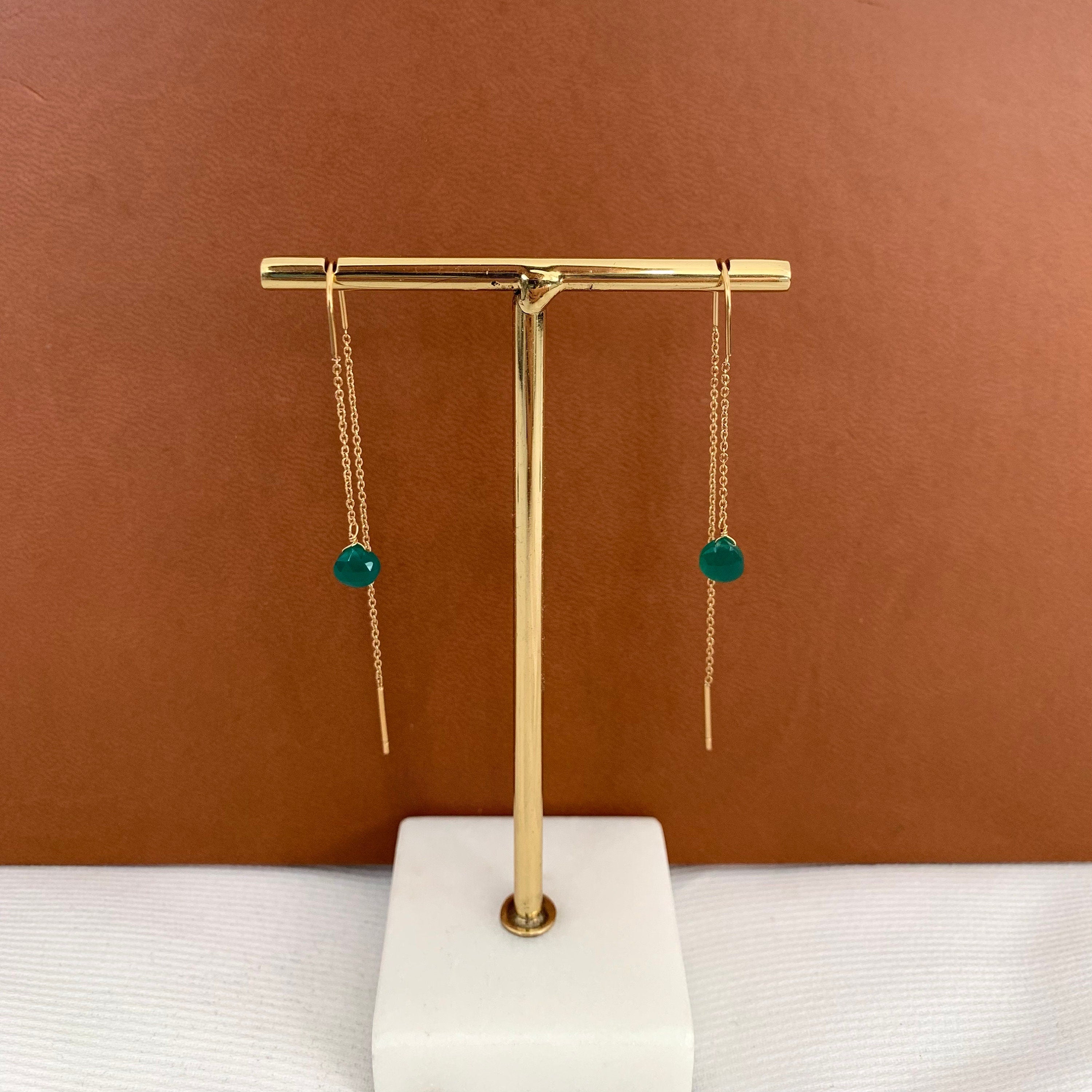 Boucles d'oreilles pendantes des deux cotés pierre naturelle agate verte / Boucles d'oreille chaine traversante acier inoxydable