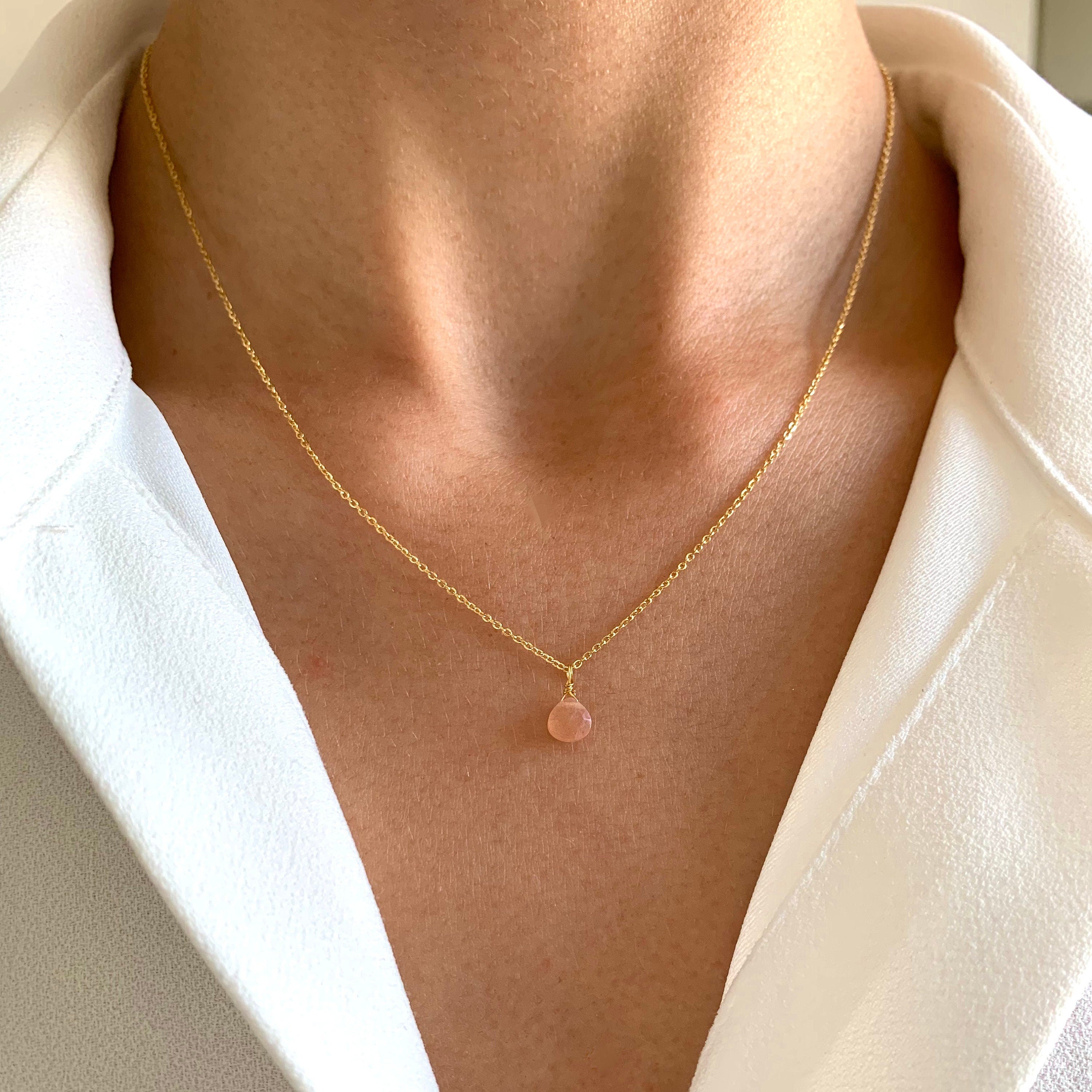 Collier fin chaine acier inoxydable pendentif pierre Quartz rose / Collier femme minimaliste chaine fine pierre naturelle goutte