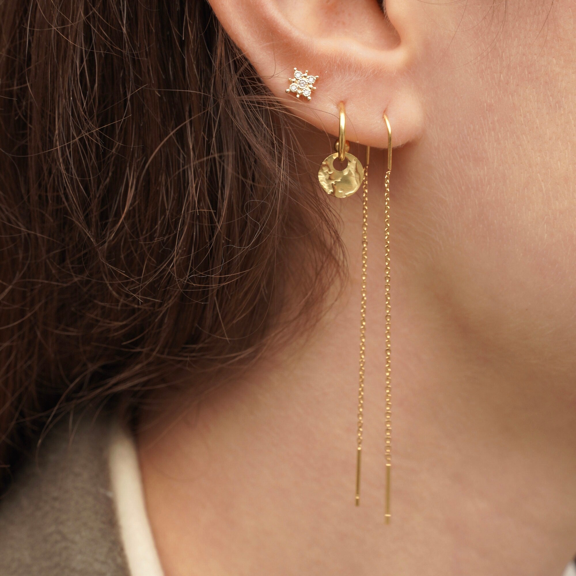 Boucle d'oreille pendantes des deux cotés / Boucles d'oreille chaine traversante avant arrière acier inoxydable