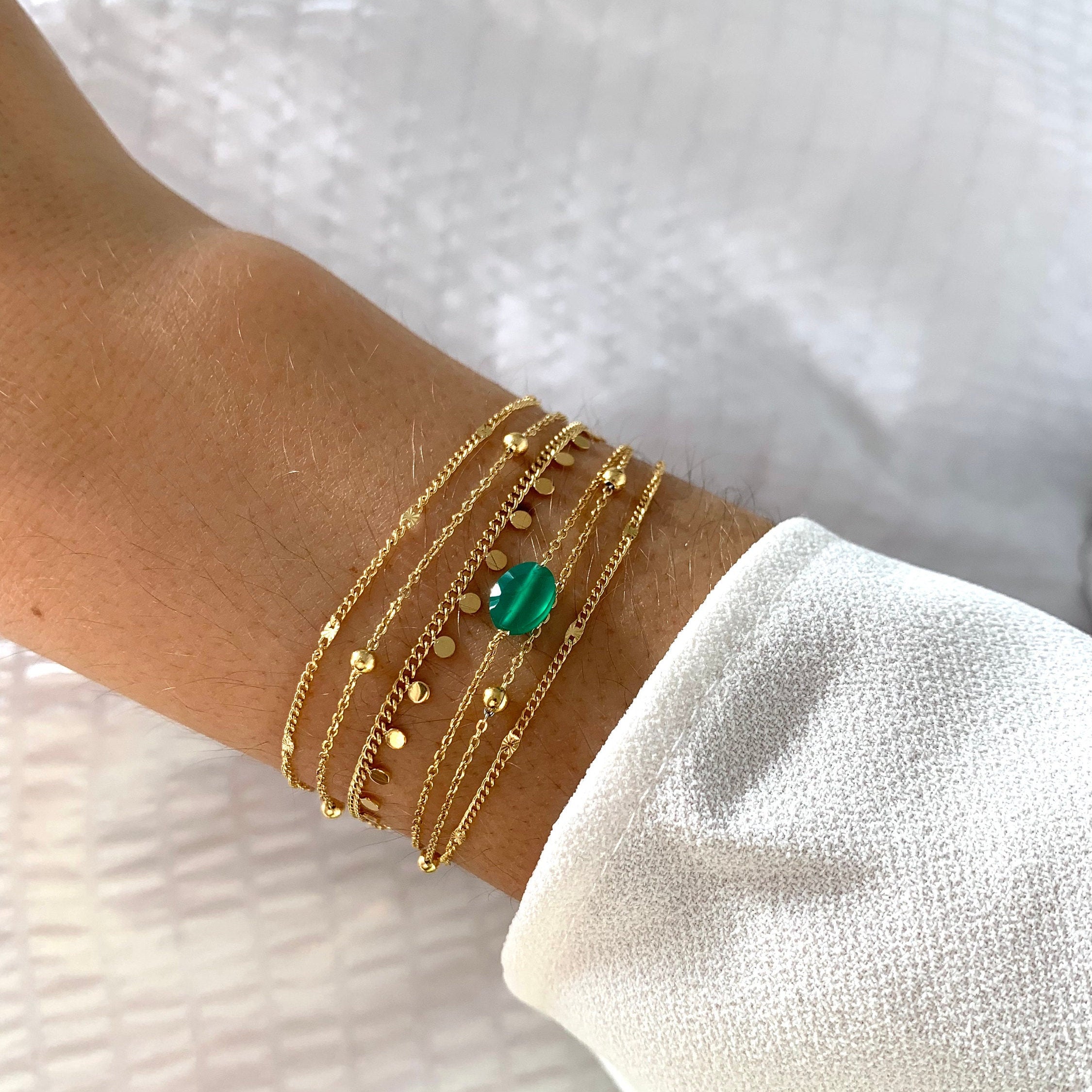 Bracelet femme acier inoxydable triple rang chaine fine pierre naturelle agate verte