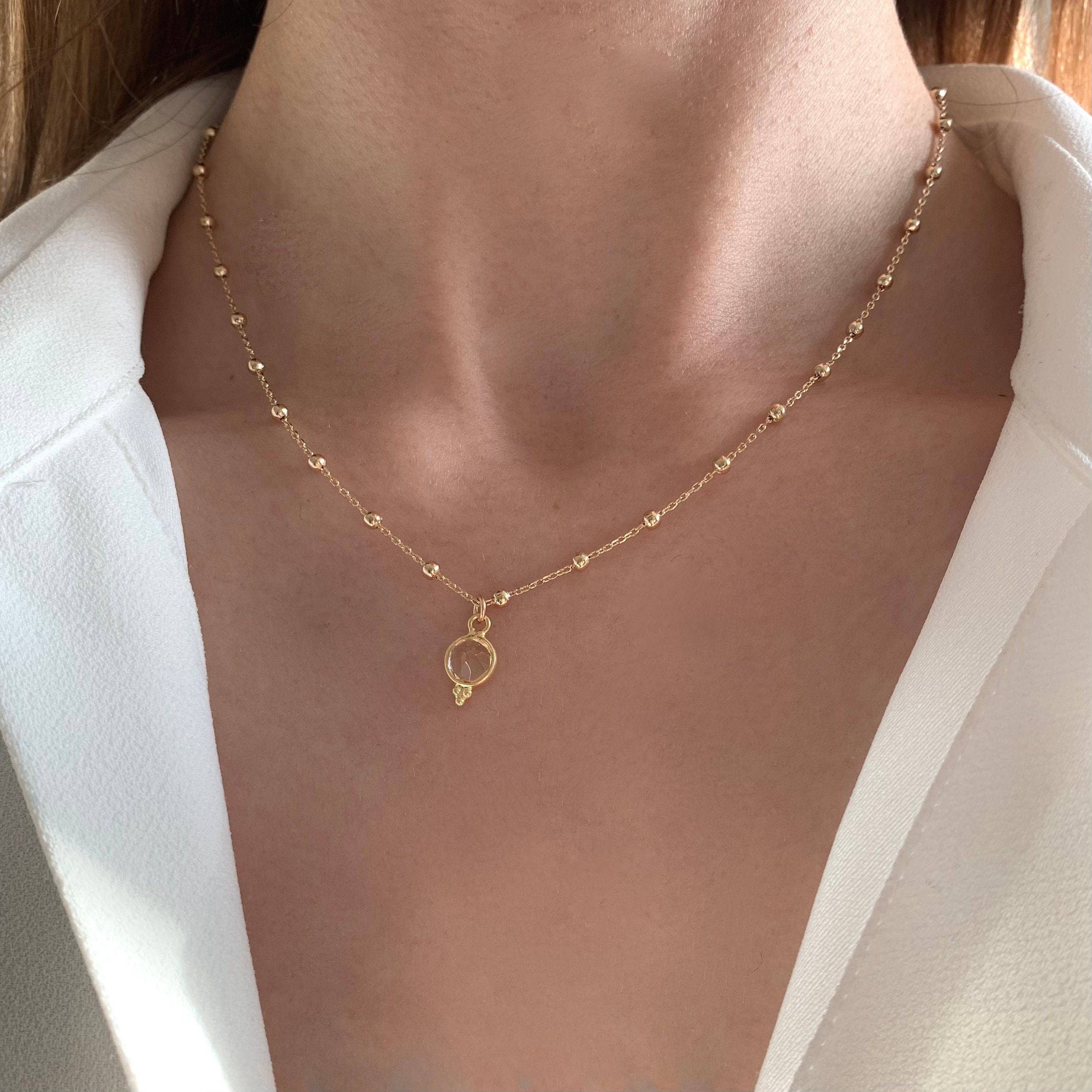 Collier Plaqué or 18k pendentif rond pierre naturelle cristal / Collier fin femme chaine à billes