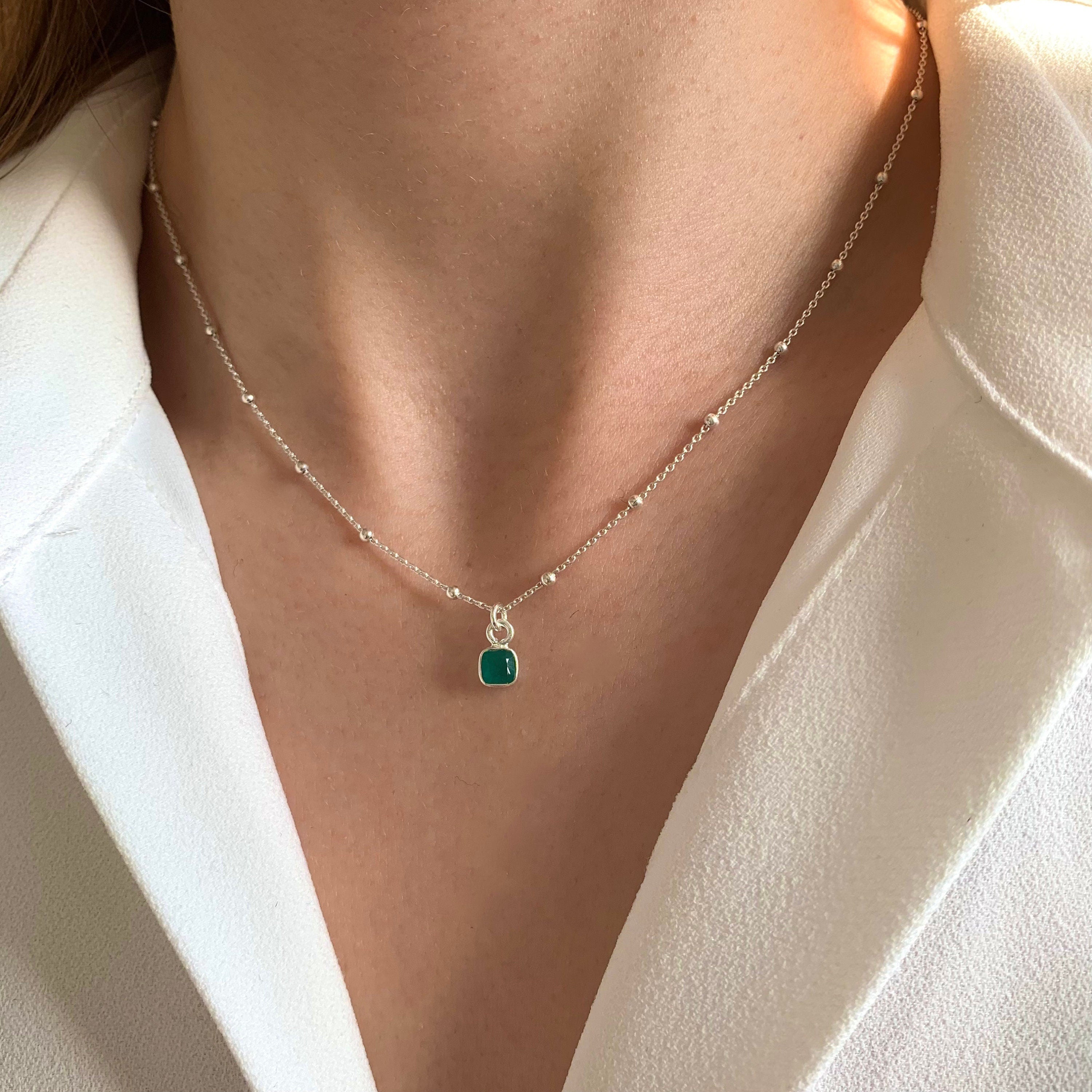 Collier Argent 925 pendentif carré pierre naturelle Agate verte / Collier fin femme chaine à billes