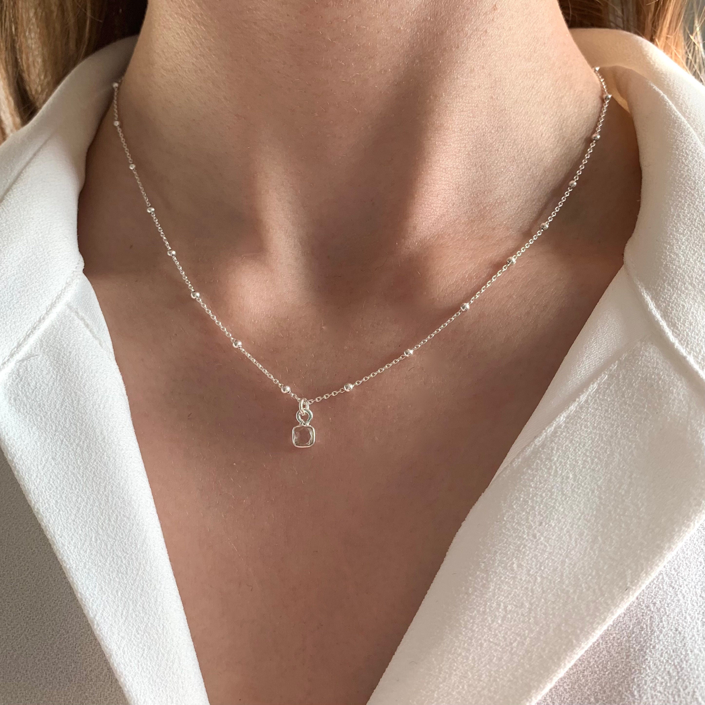 Collier Argent 925 pendentif carré pierre transparente / Collier fin femme chaine à billes