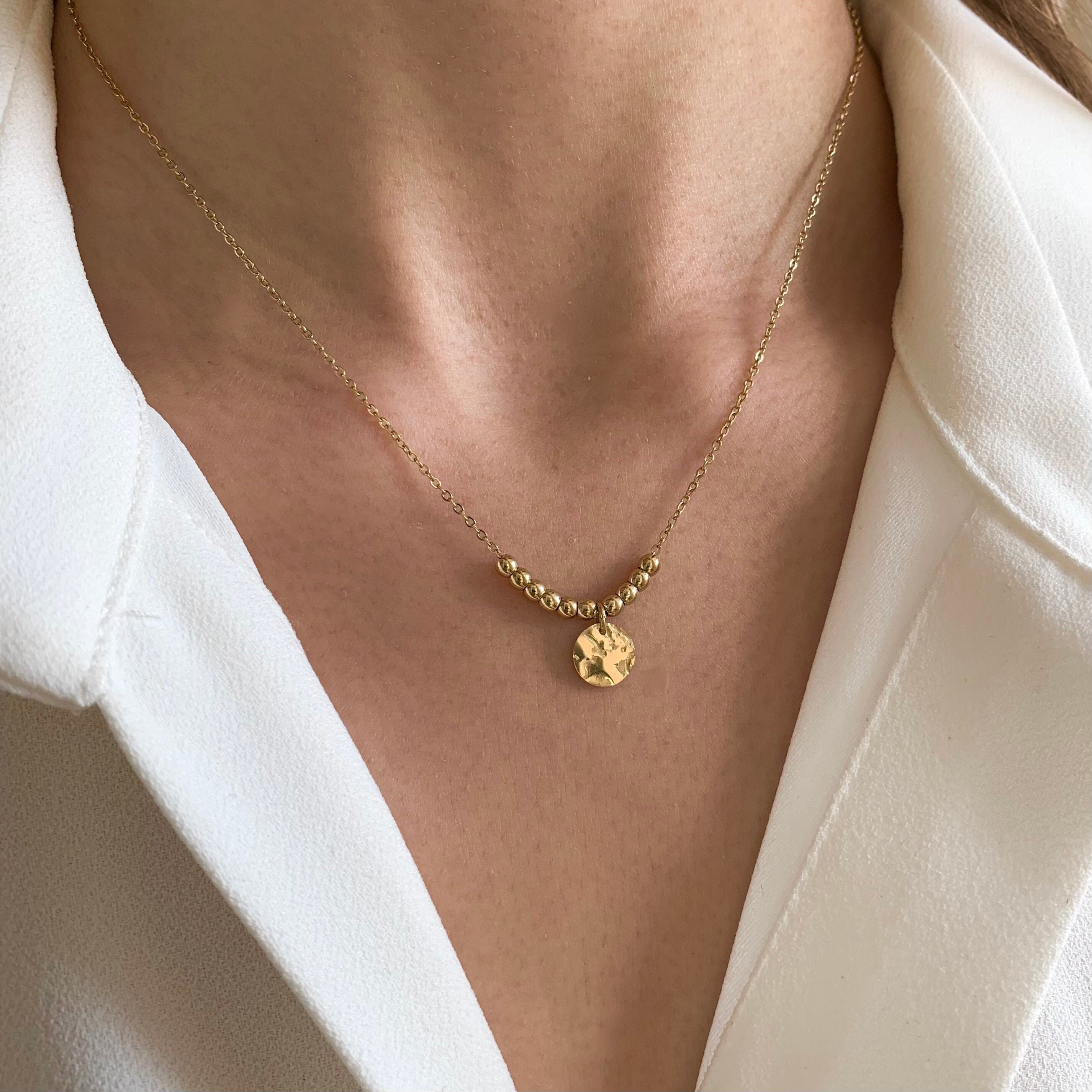 Collier acier inoxydable pendentif rond chaine fine / Collier femme fin