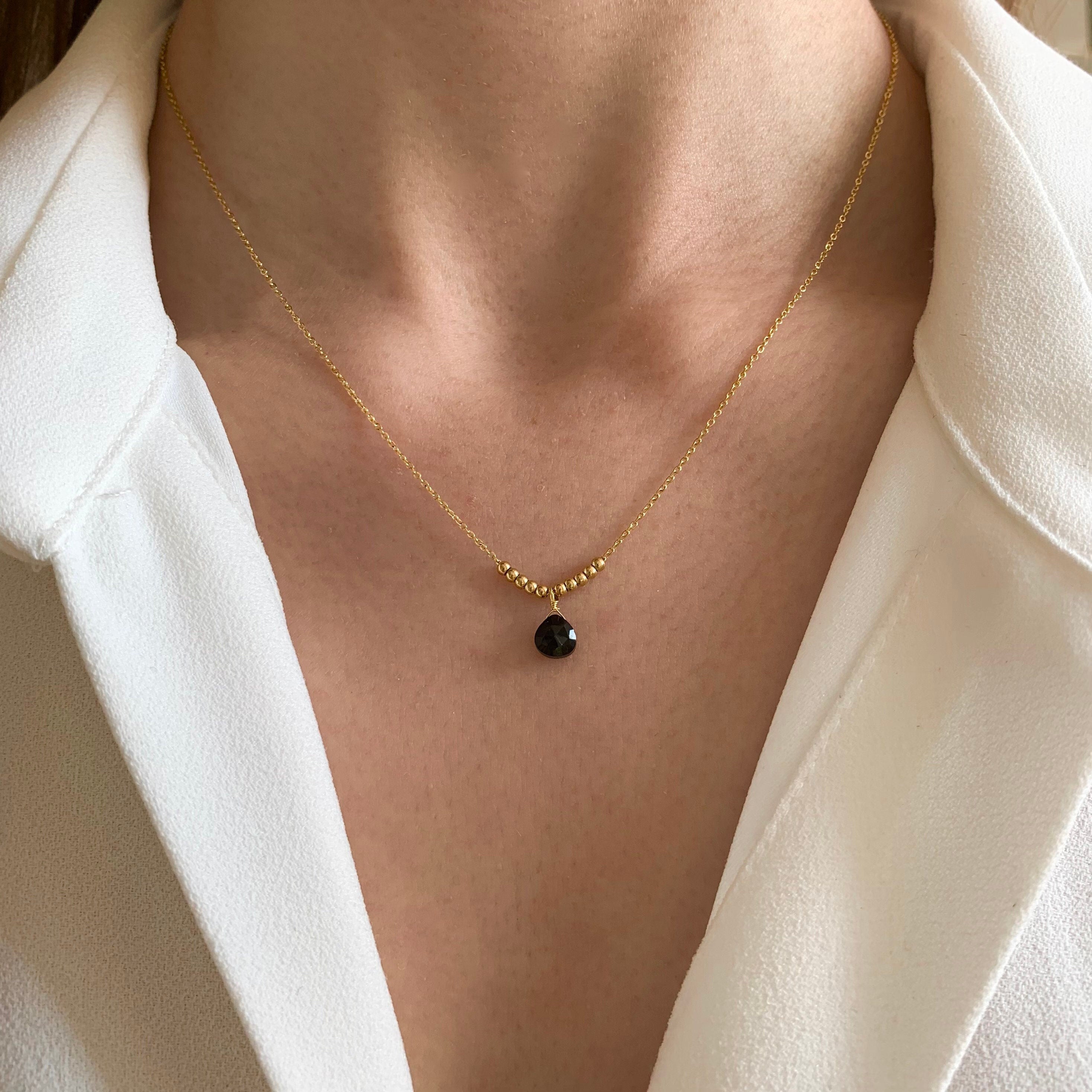 Collier fin chaine acier inoxydable pendentif pierre noire onyx / Collier femme chaine fine pierre naturelle goutte