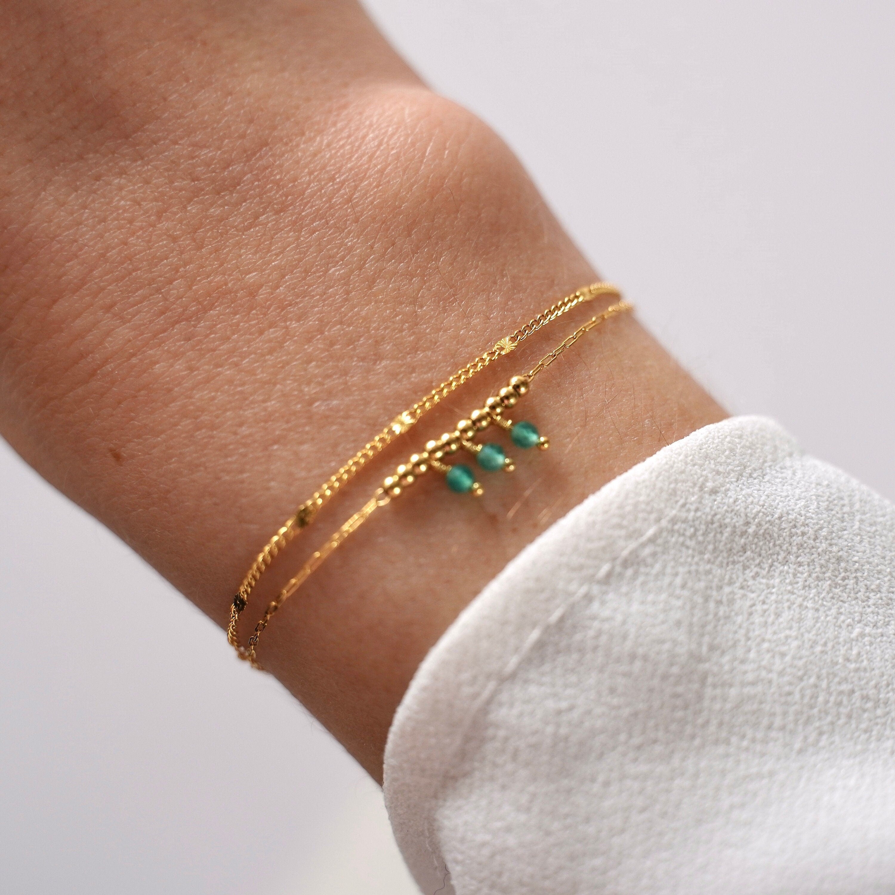Bracelet acier inoxydable pierre naturelle agate verte / Bracelet double rang chaine fine perles vertes