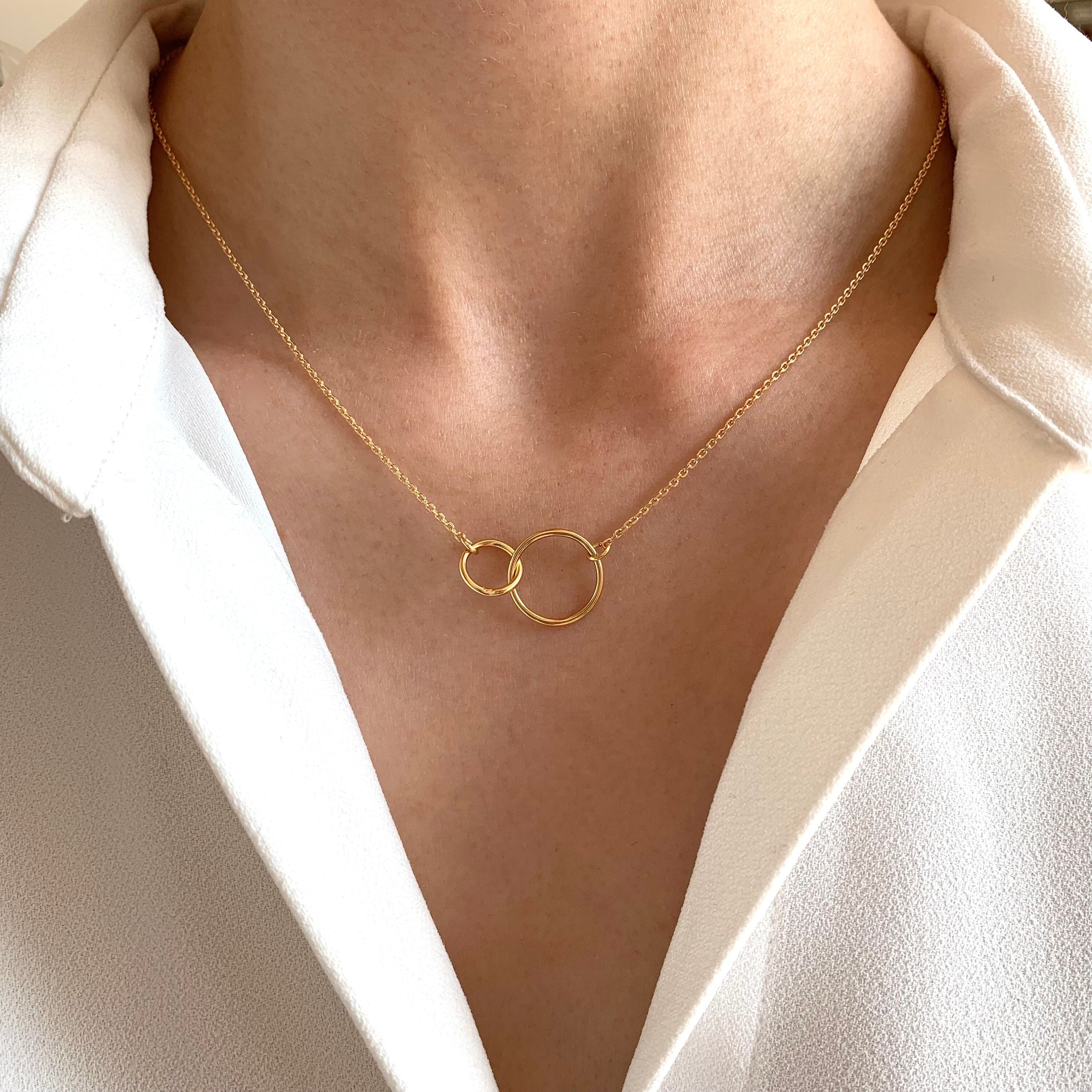 Collier plaqué or pendentif anneau rond / Collier femme chaine plaqué or double anneaux