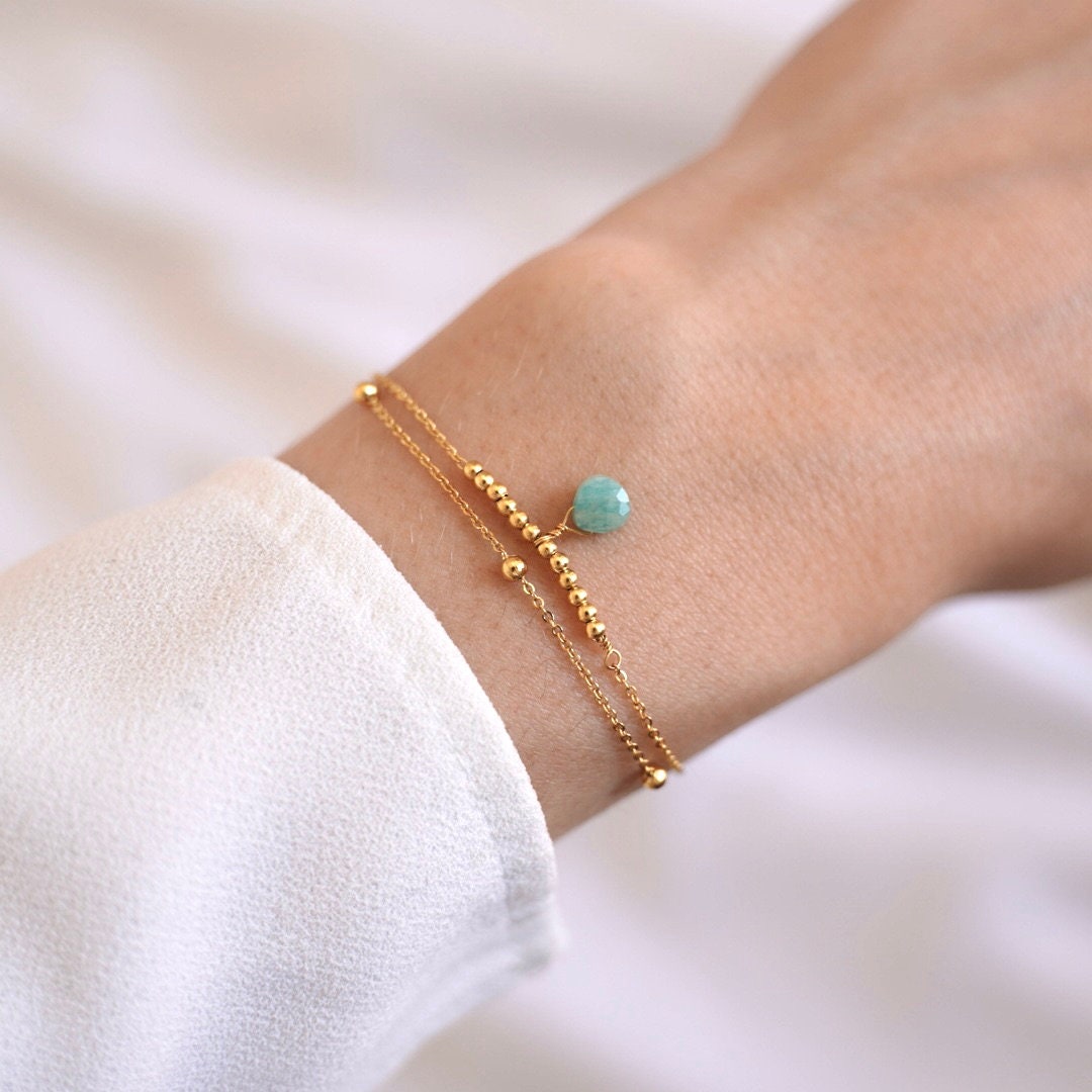 Bracelet femme double rang chaine fine pierre quartz rose / Bracelet en acier inoxydable