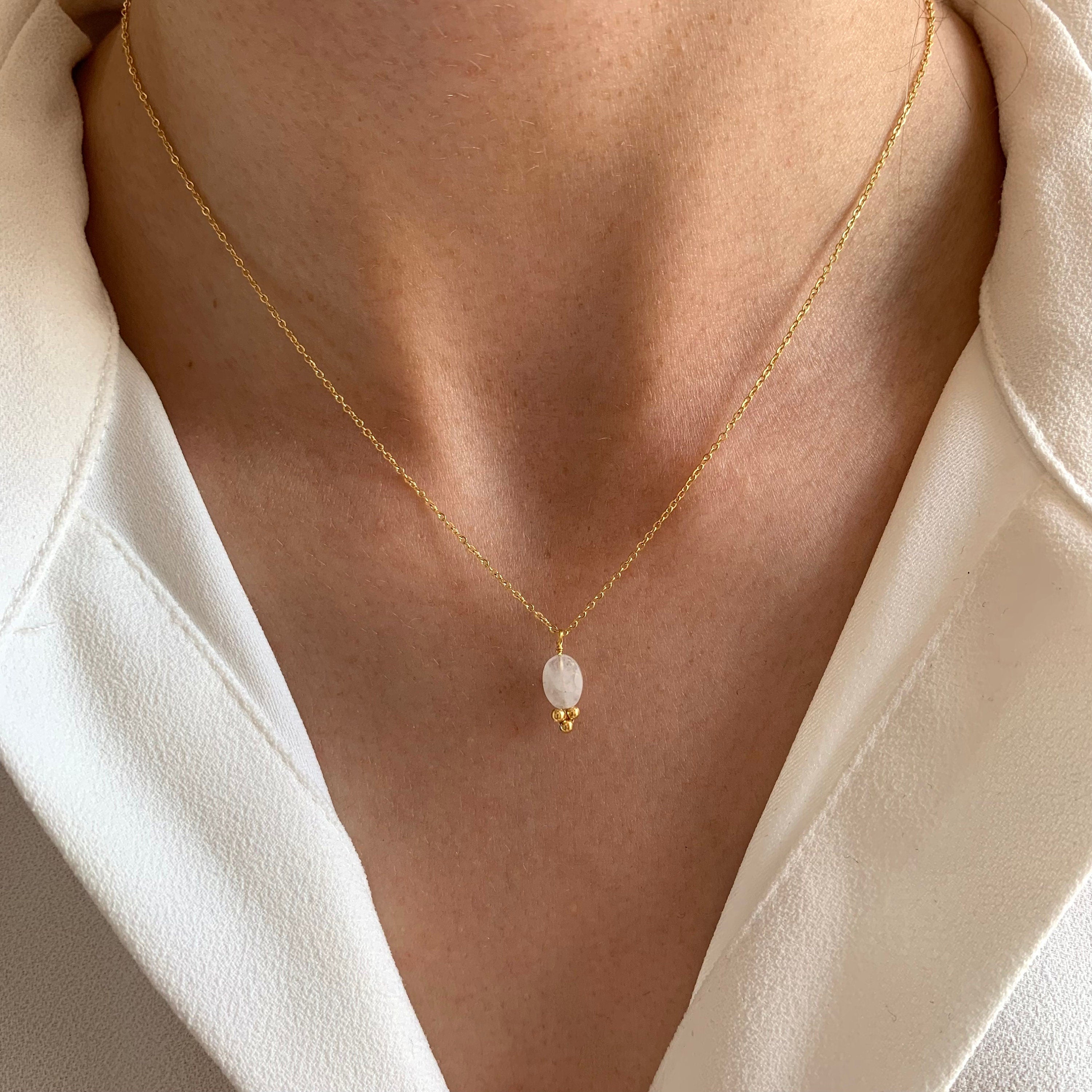 Collier femme pendentif pierre naturelle cristal de roche / Collier acier inoxydable pierre blanche transparente