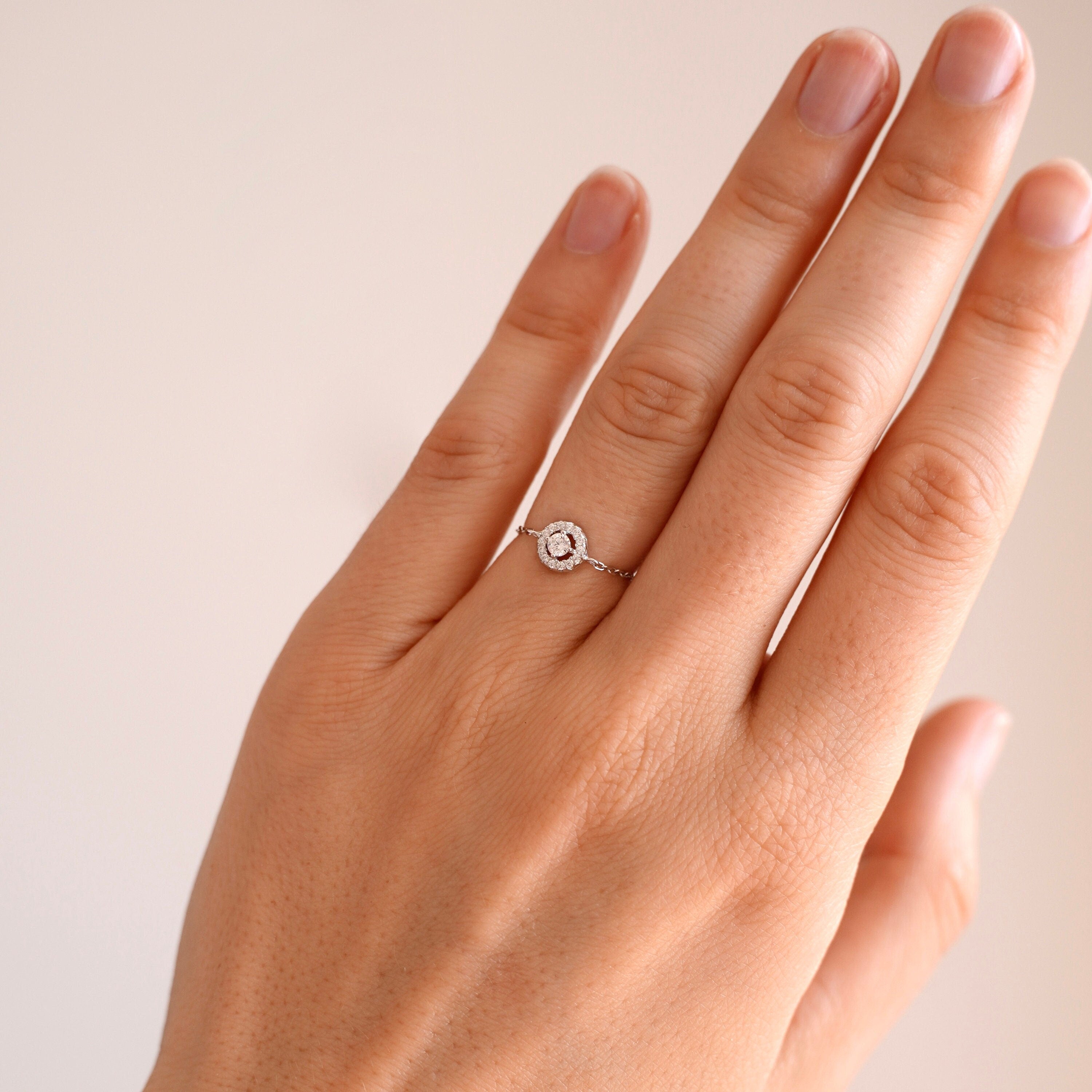 Bague chaine Argent 925 rond brillant zirconium / Bague chainette réglable / Bague ajustable
