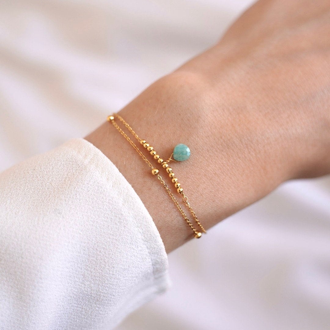 Bracelet femme double rang chaine fine pierre bleu turquoise amazonite
