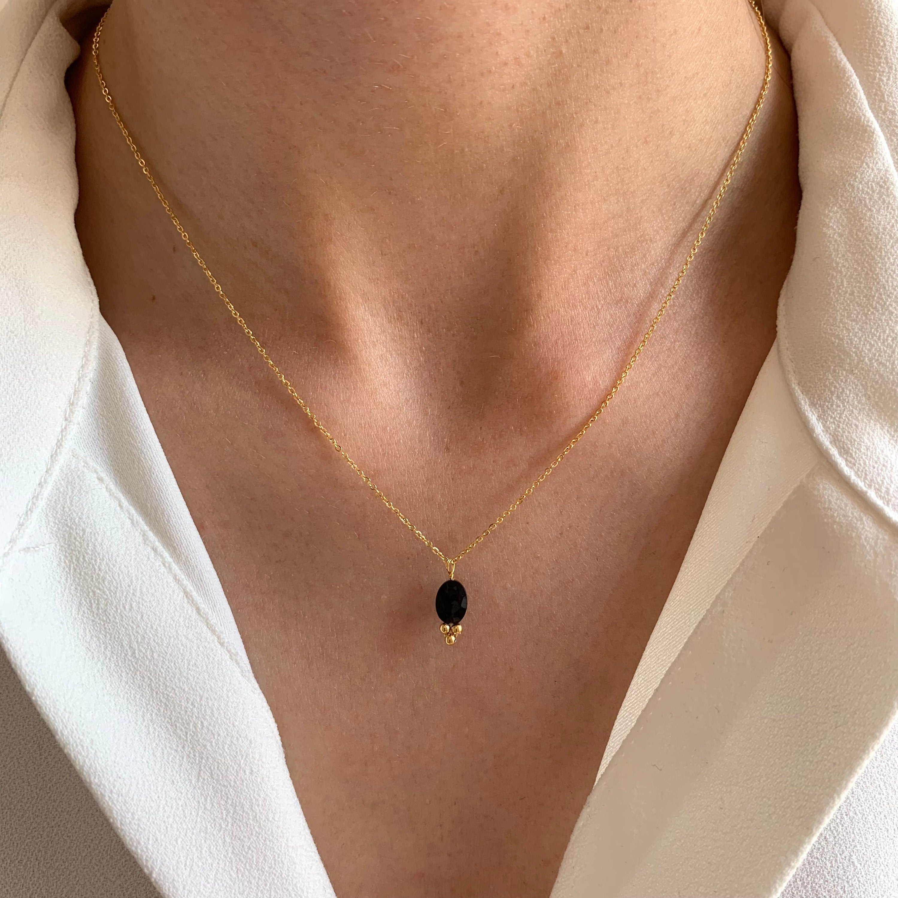 Collier femme pendentif pierre naturelle cristal de roche / Collier acier inoxydable pierre blanche transparente
