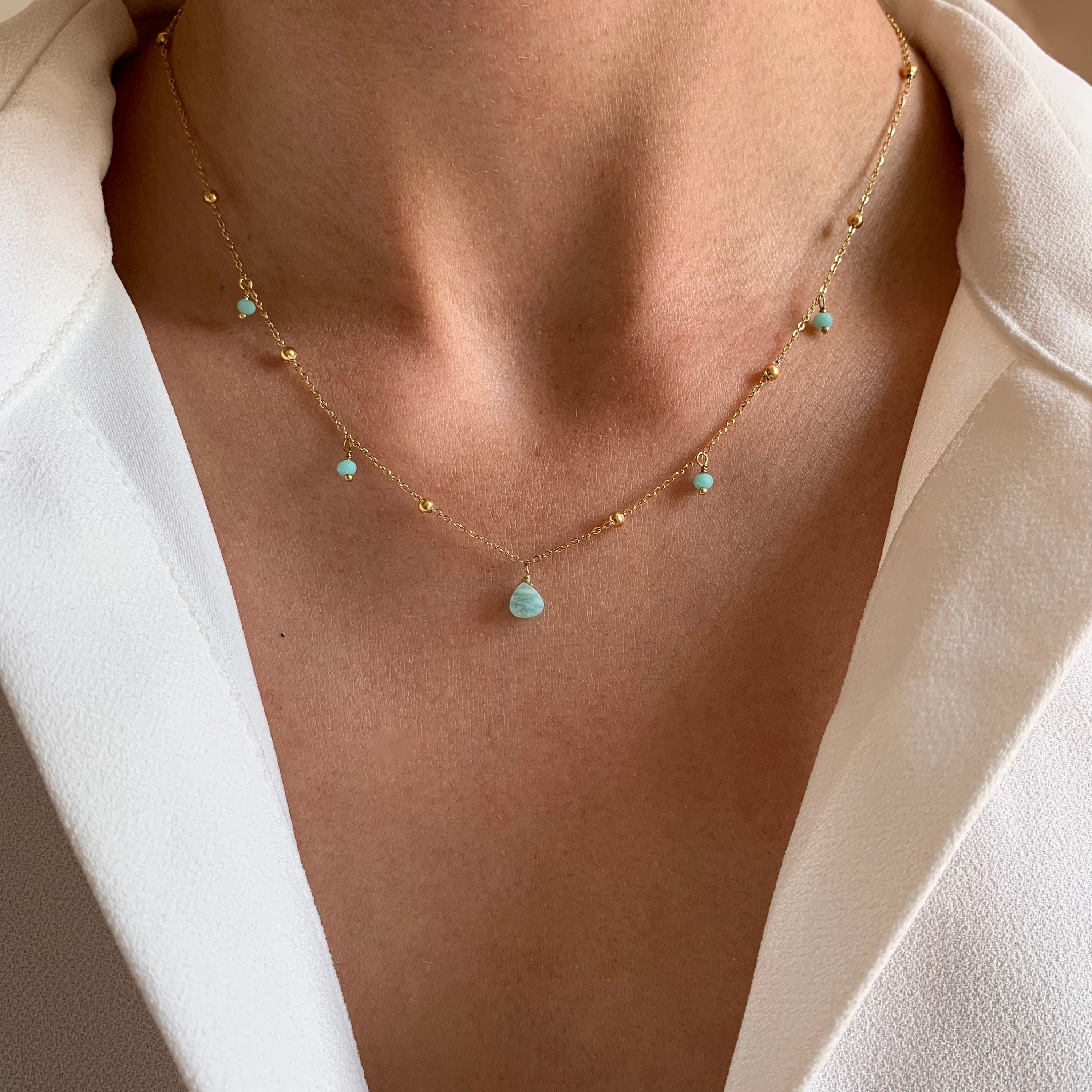 Collier acier inoxydable pierre amazonite bleu givré / Collier femme pendentif pierre semi précieuse