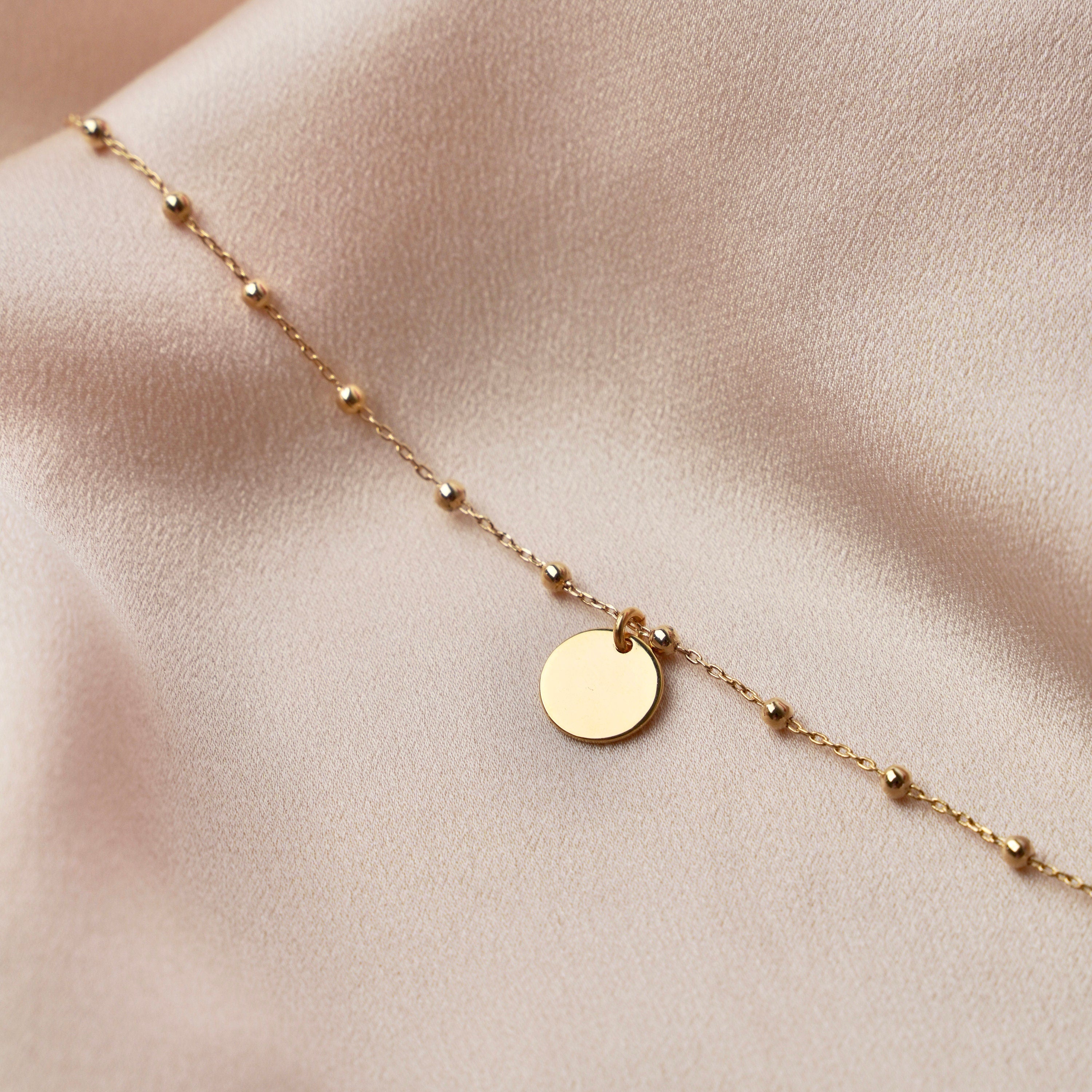 Collier plaqué or pendentif rond médaille chaine boule / Collier femme fin chaine billes minimaliste / Cadeau femme