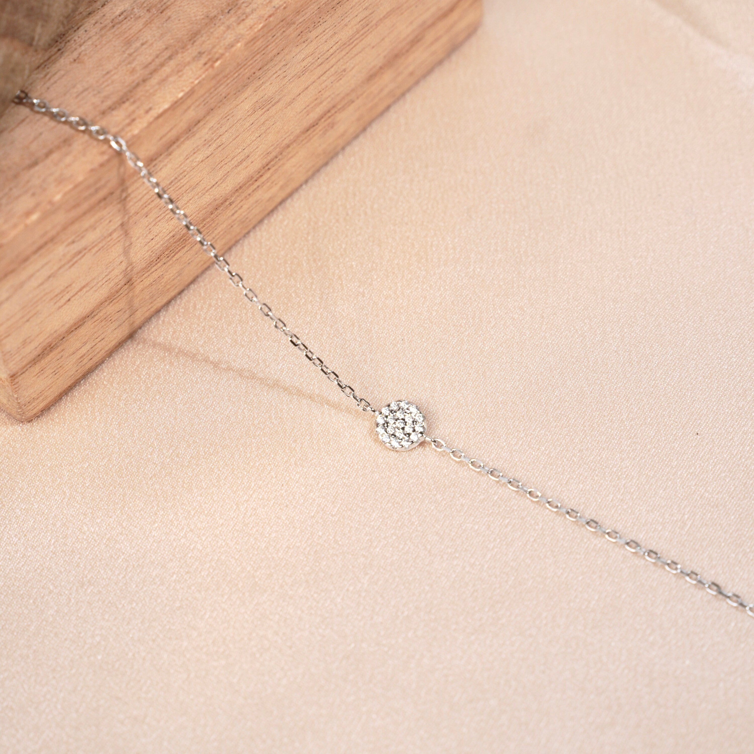 Bracelet Argent 925 chaine fine rond brillant / Bracelet femme médaillon