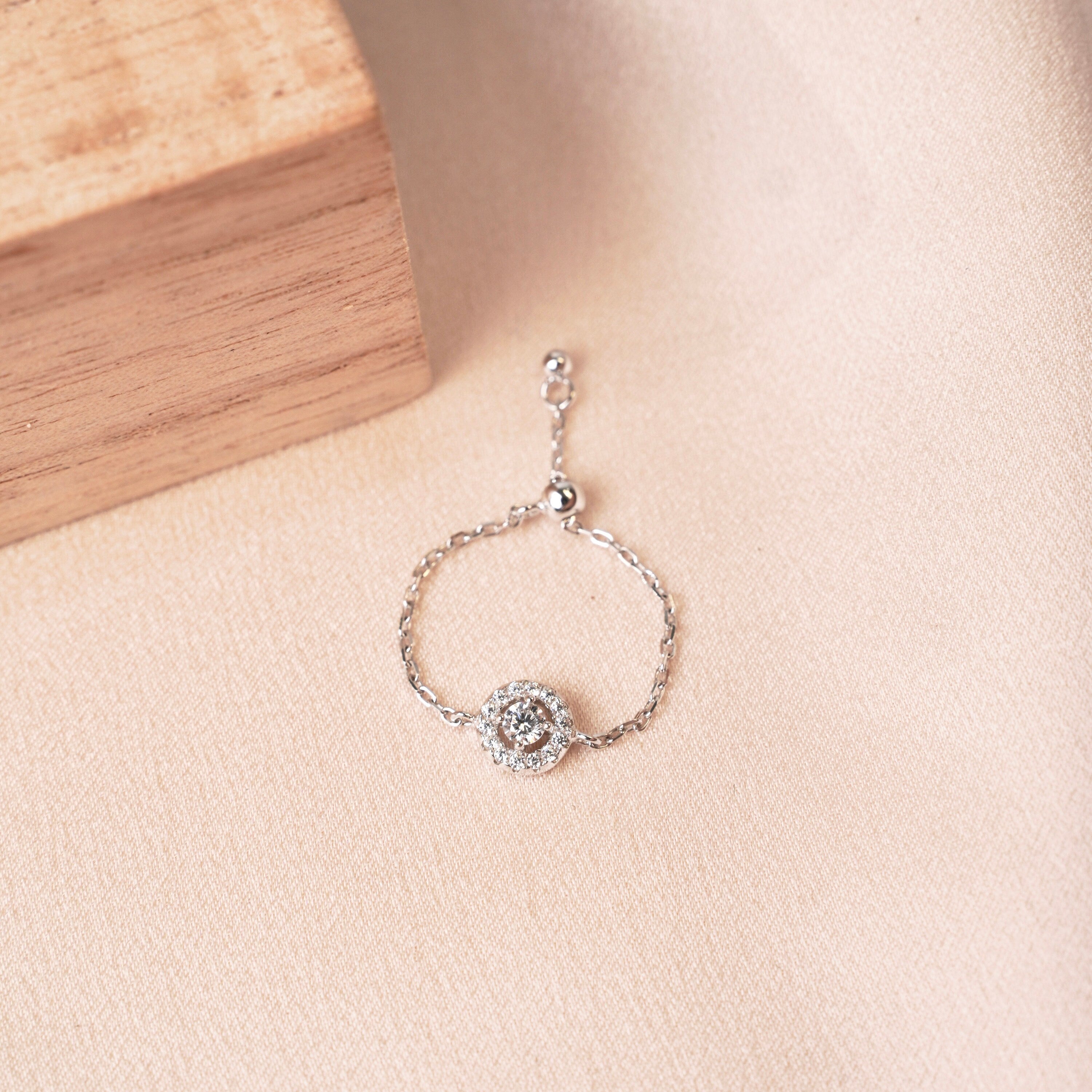 Bague chaine Argent 925 rond brillant zirconium / Bague chainette réglable / Bague ajustable