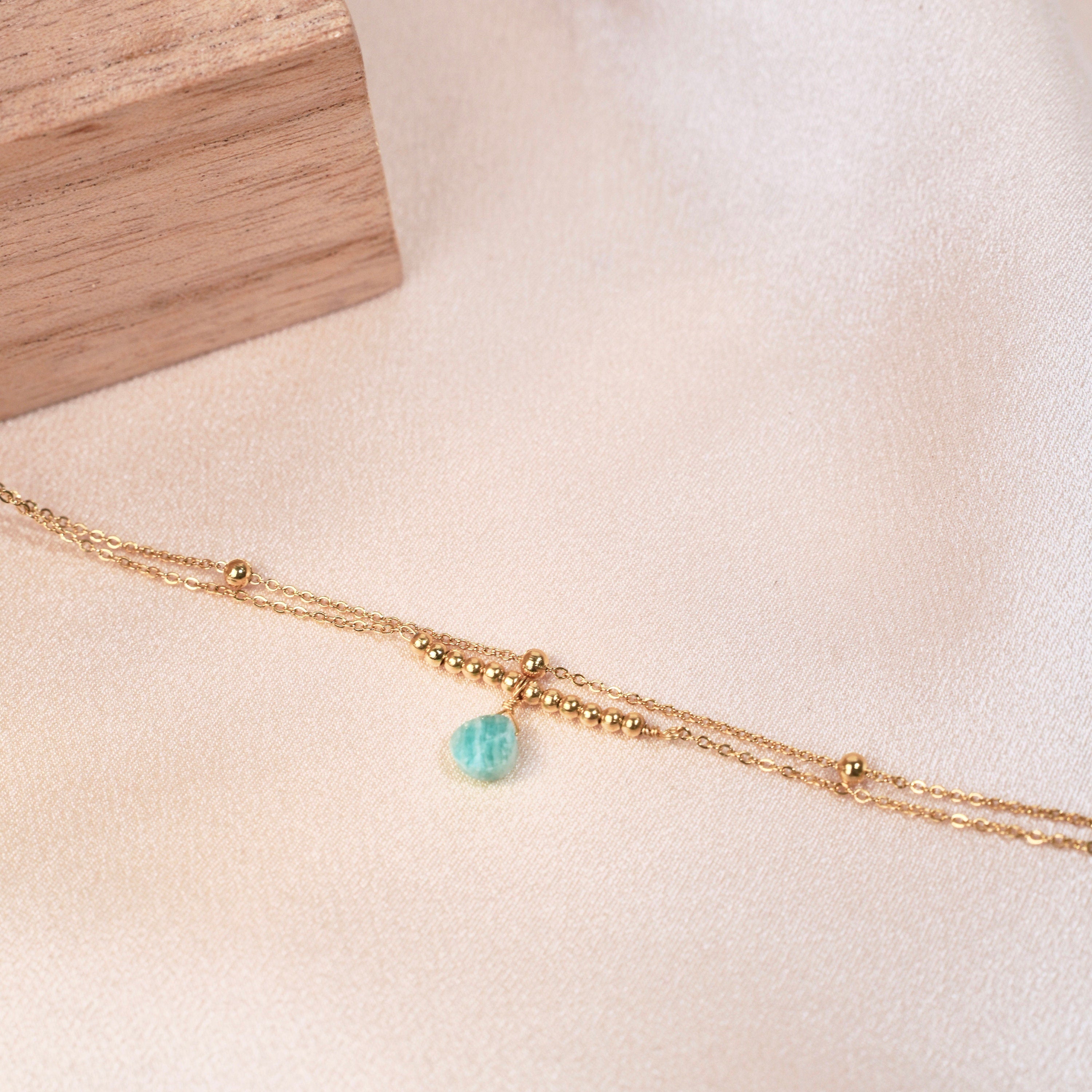 Bracelet femme double rang chaine fine pierre bleu turquoise amazonite