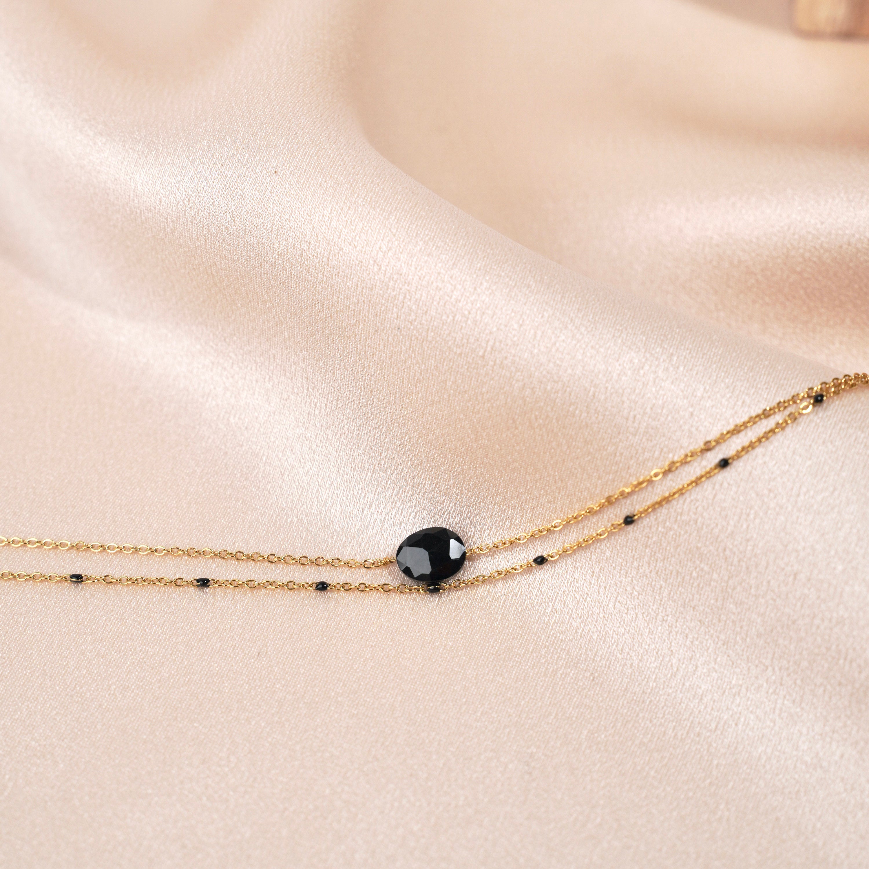 Bracelet femme double rang chaine fine pierre onyx noir / Bracelet acier inoxydable