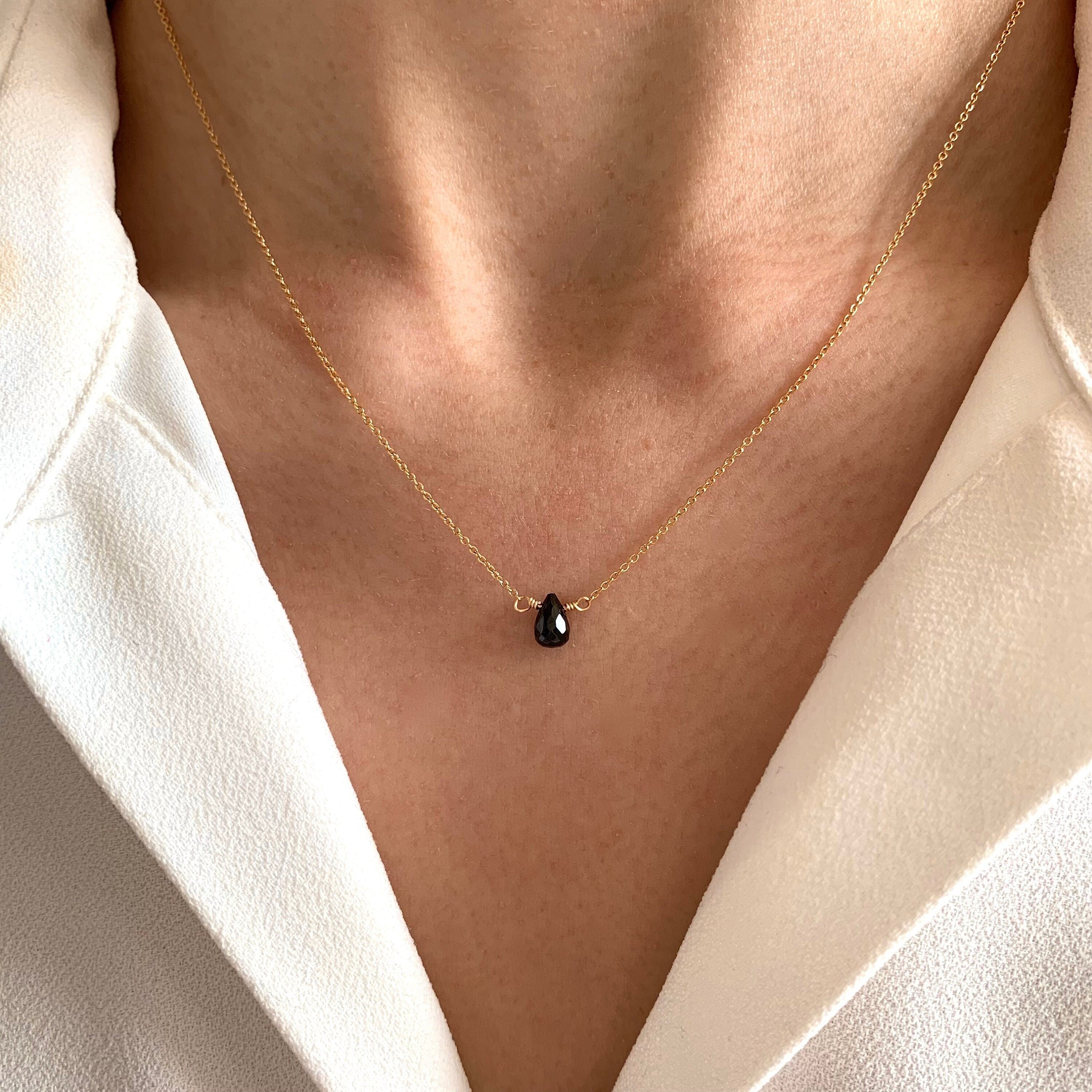 Collier fin acier inoxydable pendentif pierre noire goutte / Collier femme minimaliste chaine fine / Cadeau femme