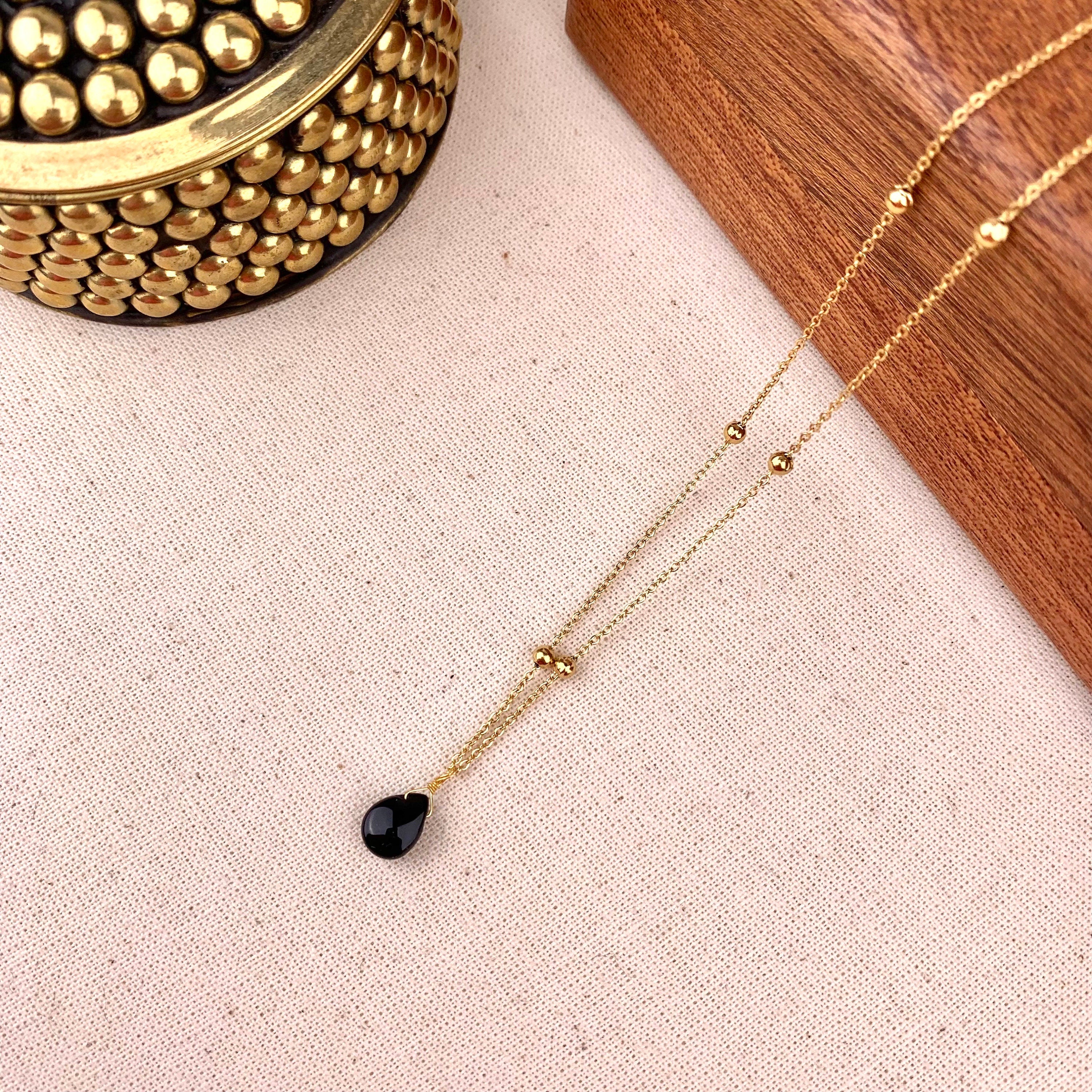 Collier fin pendentif pierre noire / Collier femme minimaliste chaine acier inoxydable
