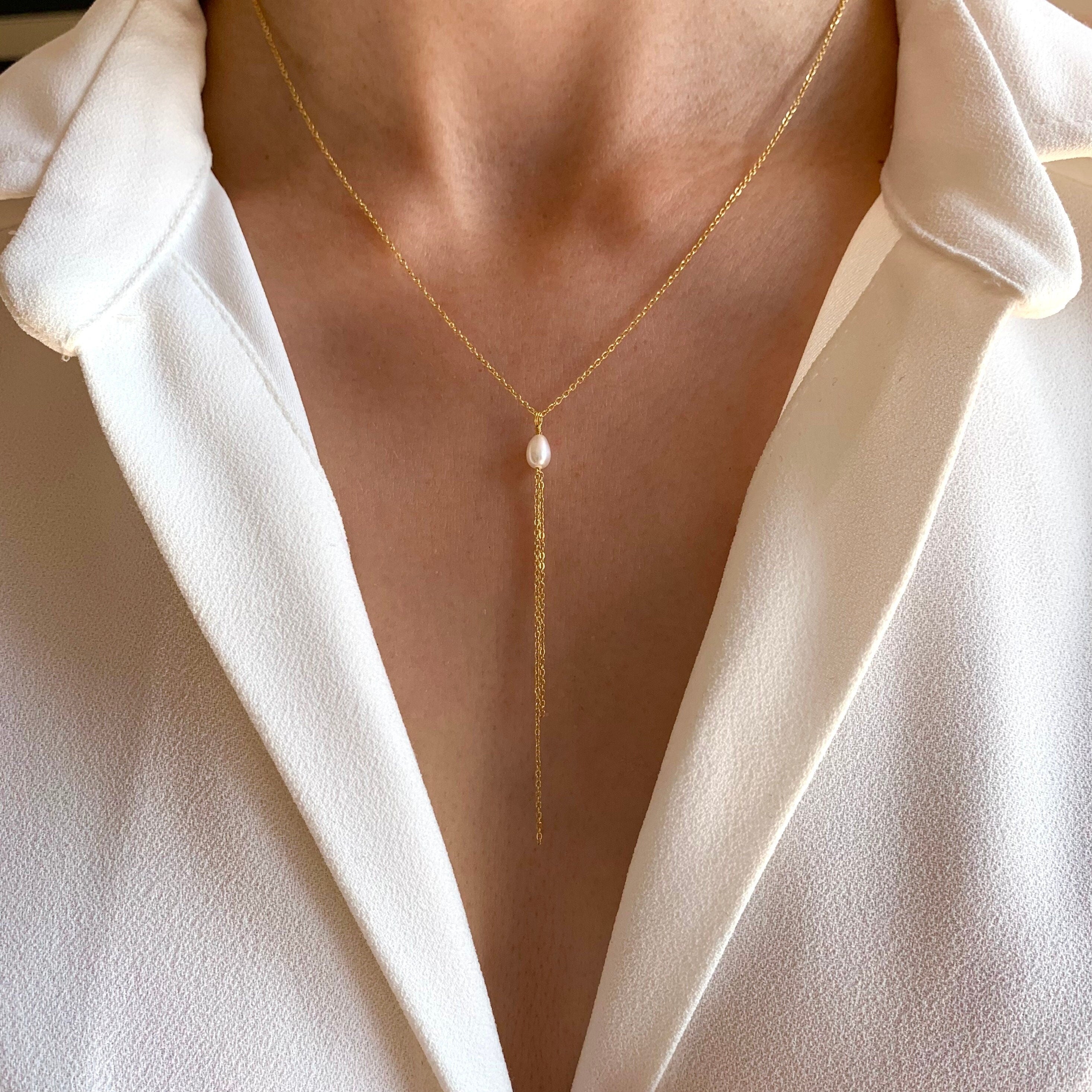 Collier femme long en acier inoxydable perle d'eau douce / Collier en Y lasso