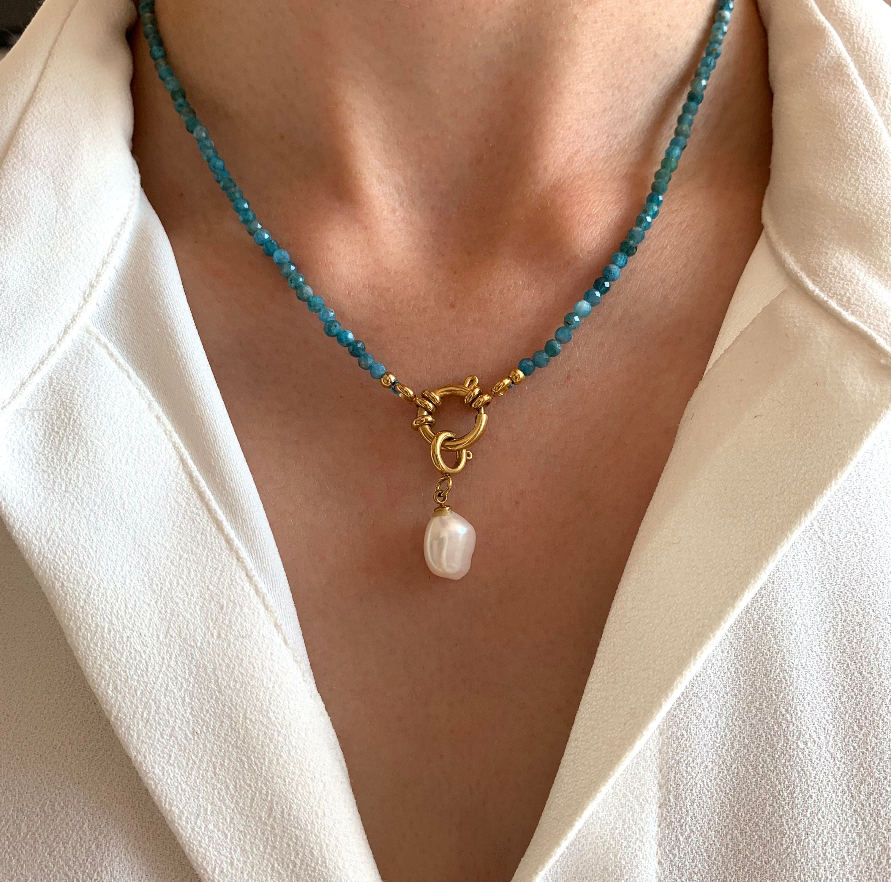 Collier pierre naturelle apatite bleu acier inoxydable / Collier femme perles pendentif nacre