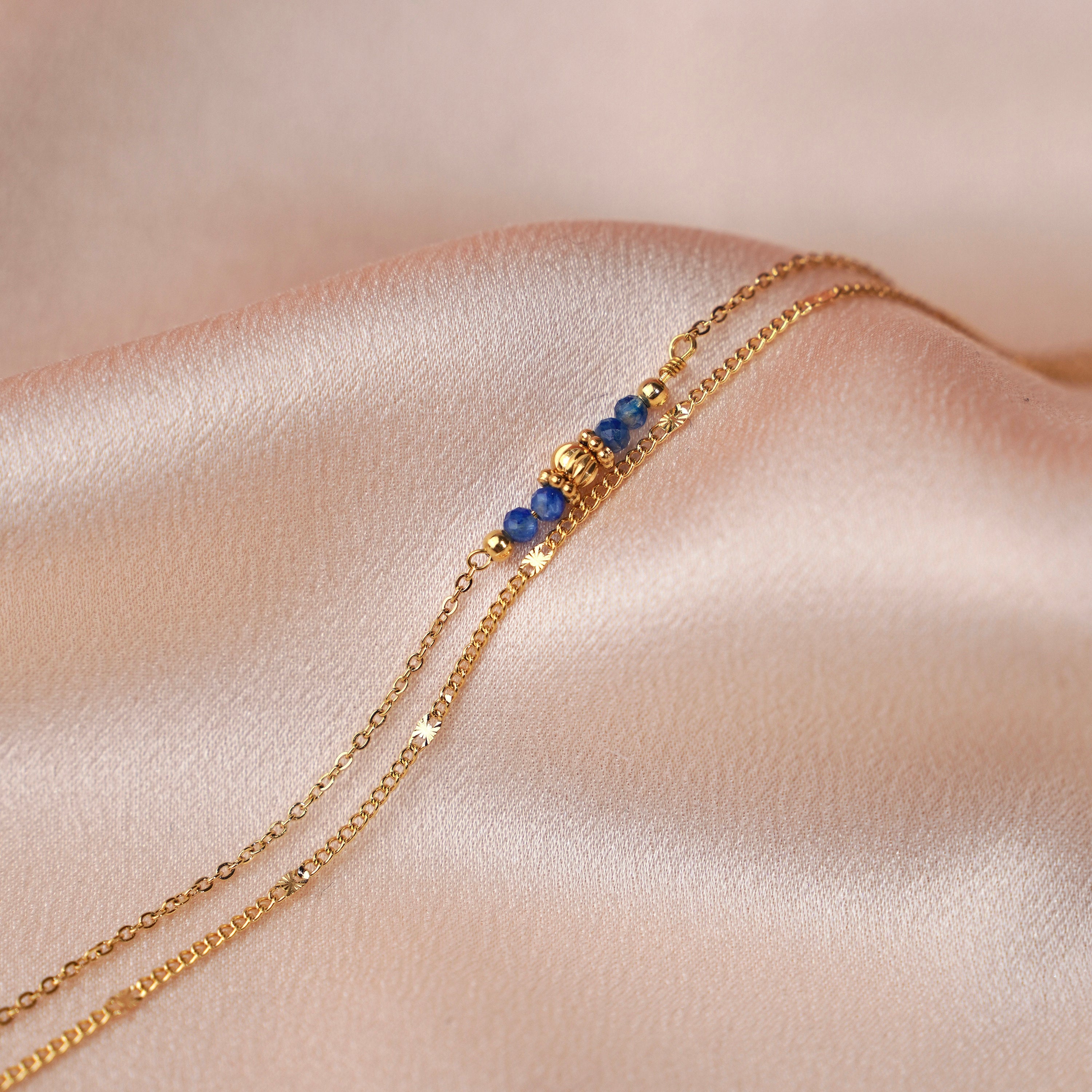 Bracelet double perles bleues / Bracelet fin acier inoxydable