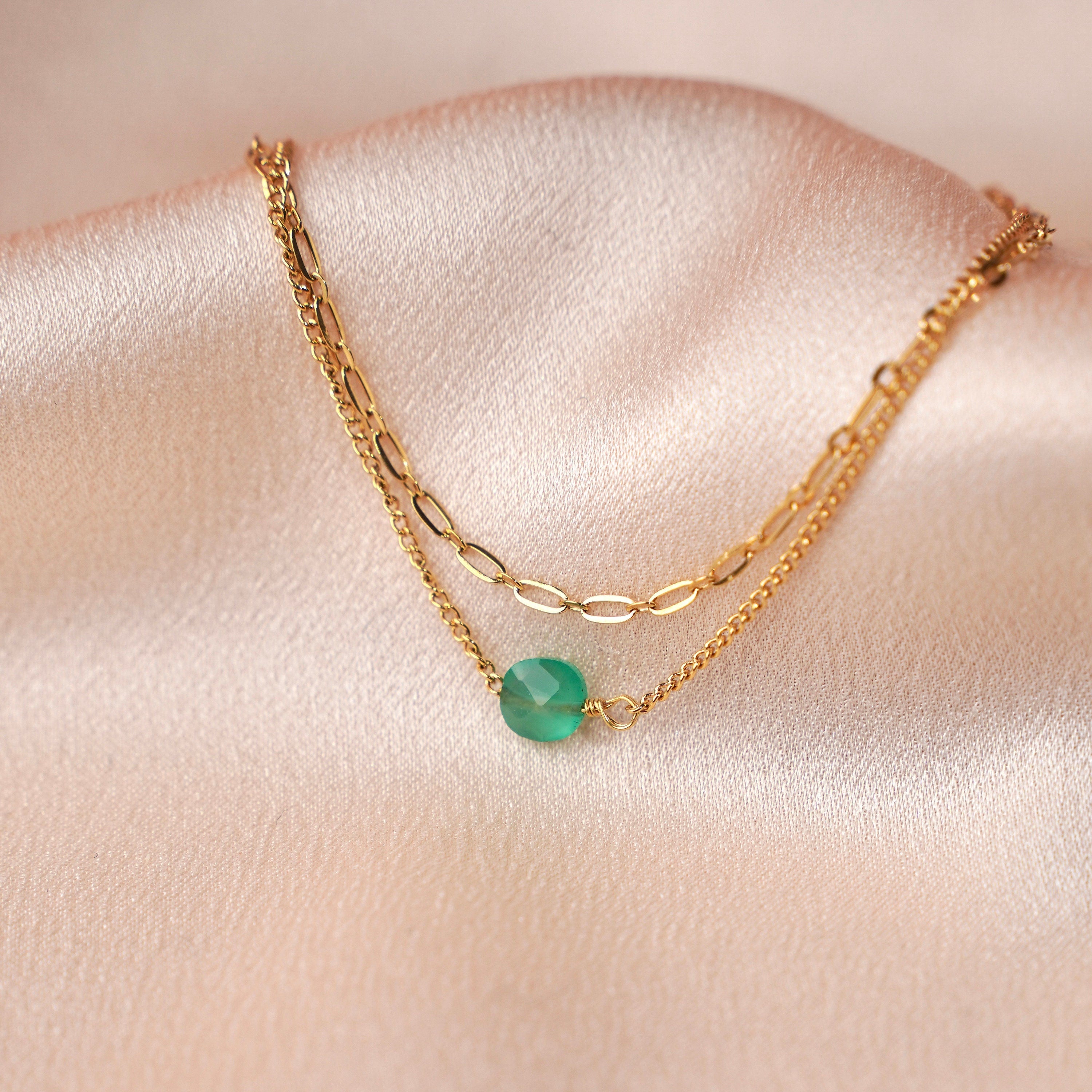 Bracelet double pierre carrée onyx vert / Bracelet fin acier inoxydable pierre verte