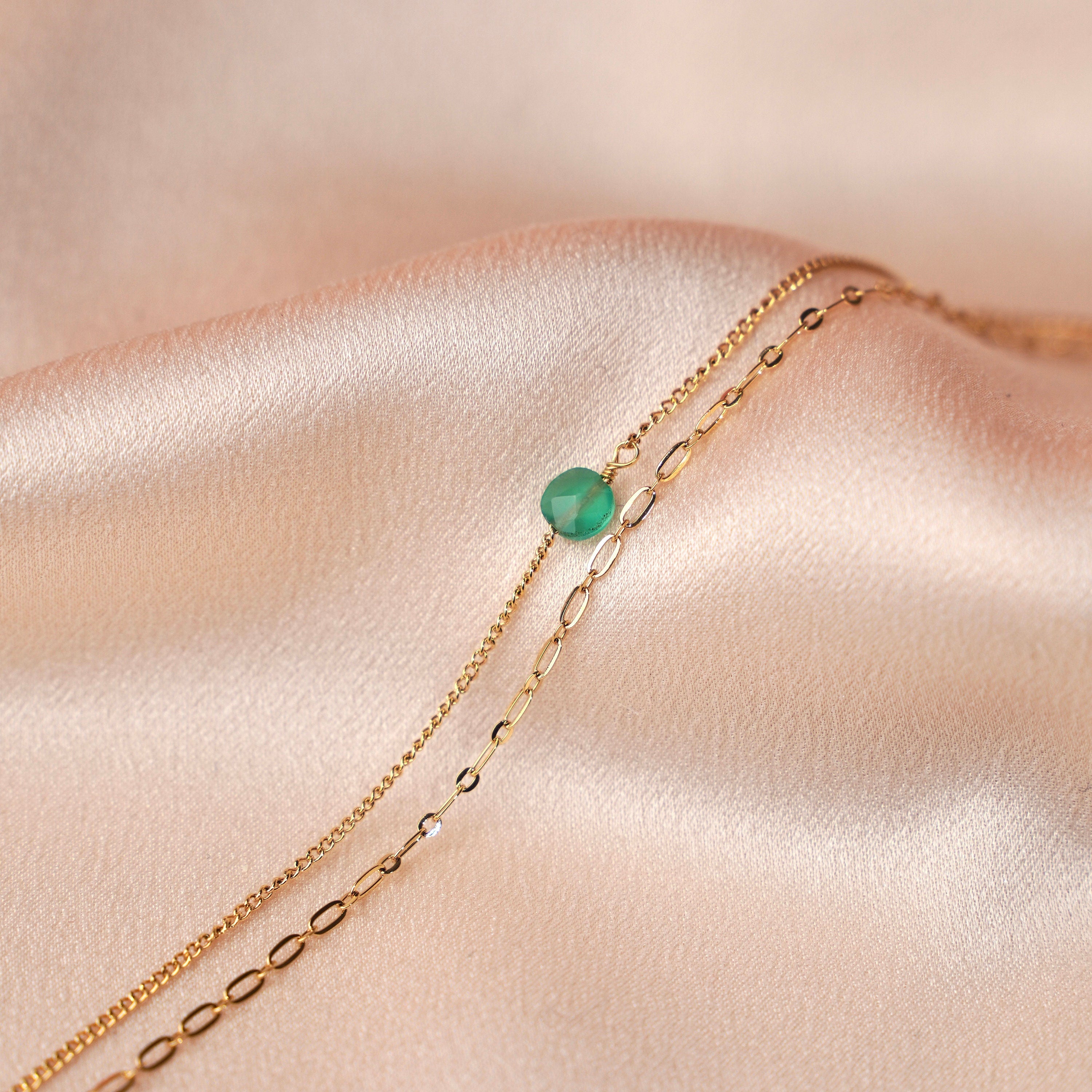Bracelet double pierre carrée onyx vert / Bracelet fin acier inoxydable pierre verte