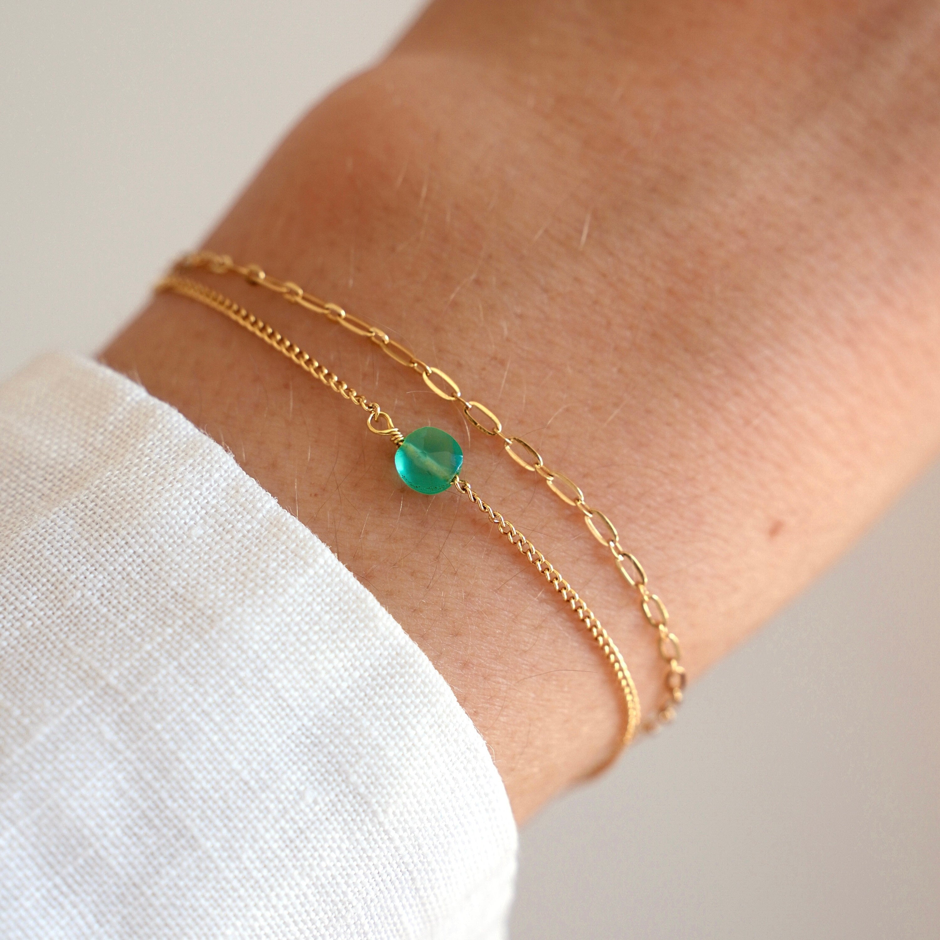 Bracelet double pierre carrée onyx vert / Bracelet fin acier inoxydable pierre verte