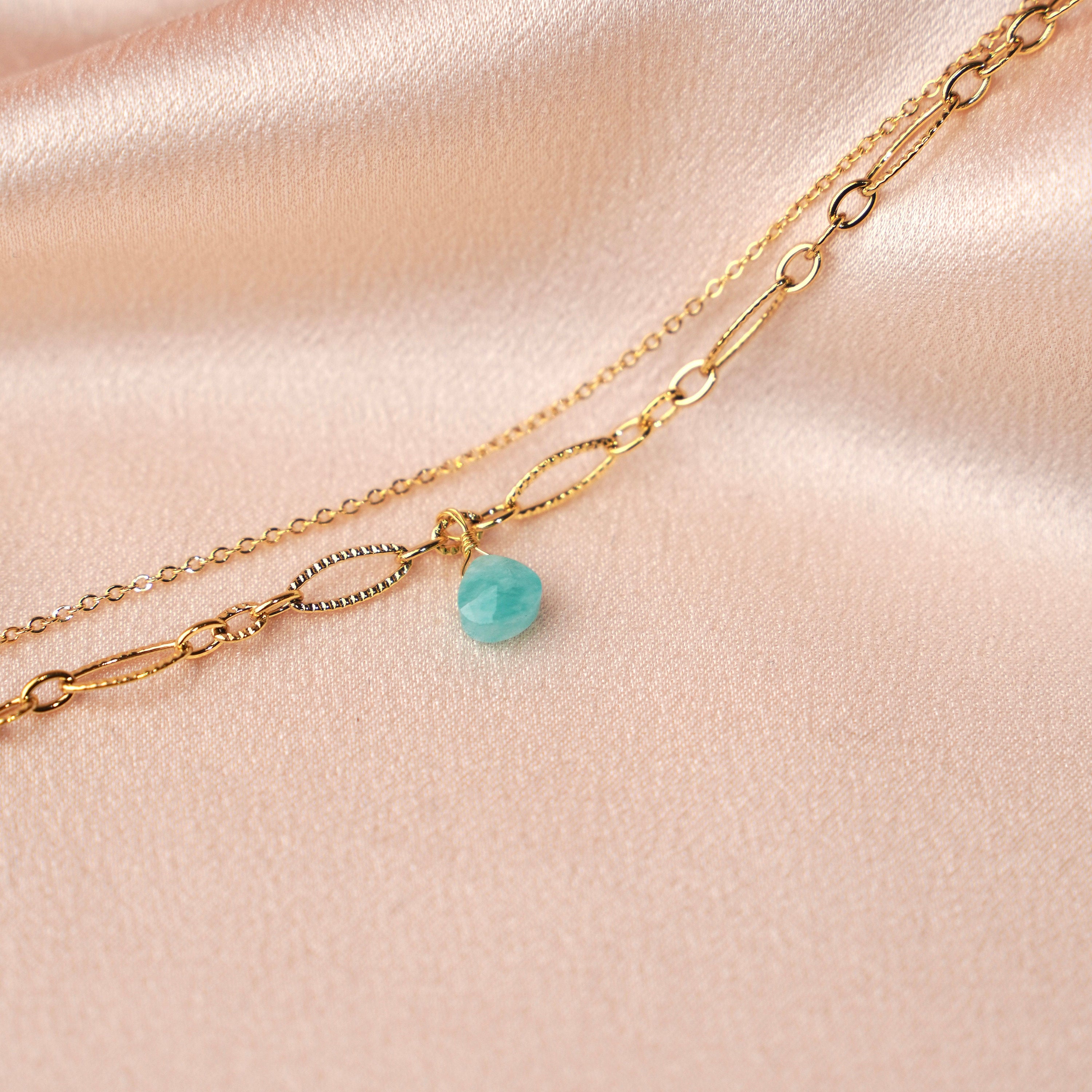 Bracelet double Amazonite / Bracelet fin en acier inoxydable et pierre naturelle turquoise
