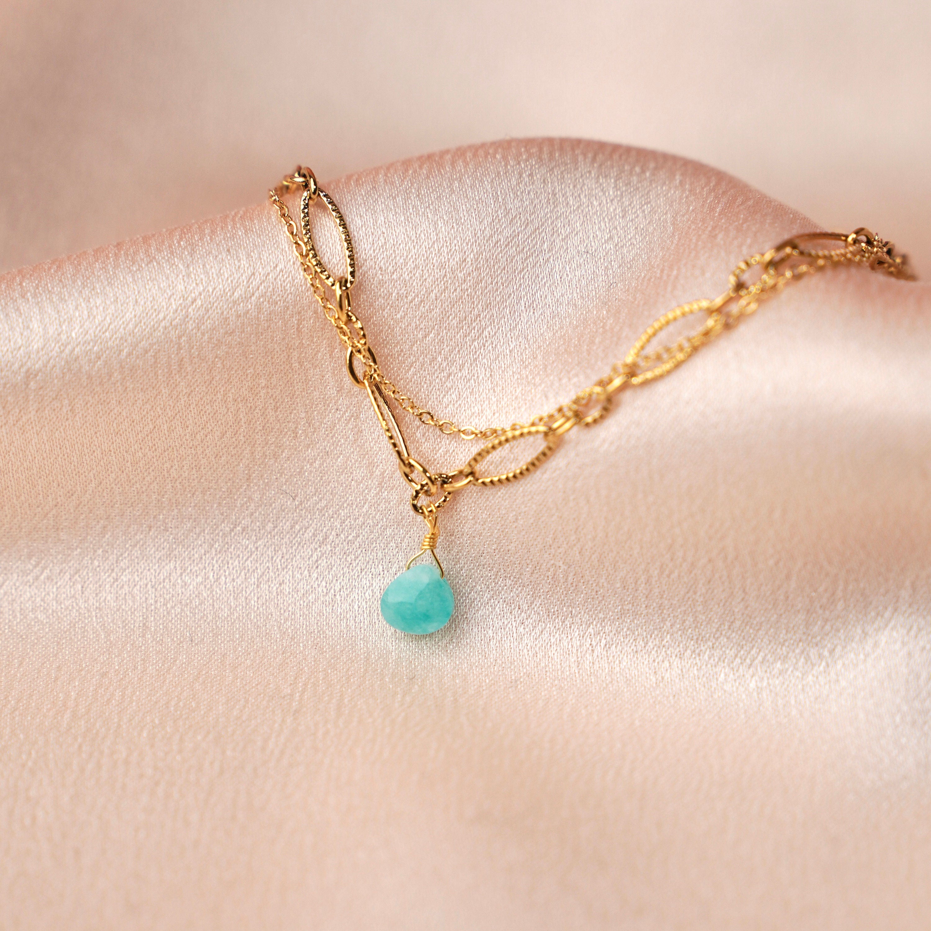 Bracelet double Amazonite / Bracelet fin en acier inoxydable et pierre naturelle turquoise