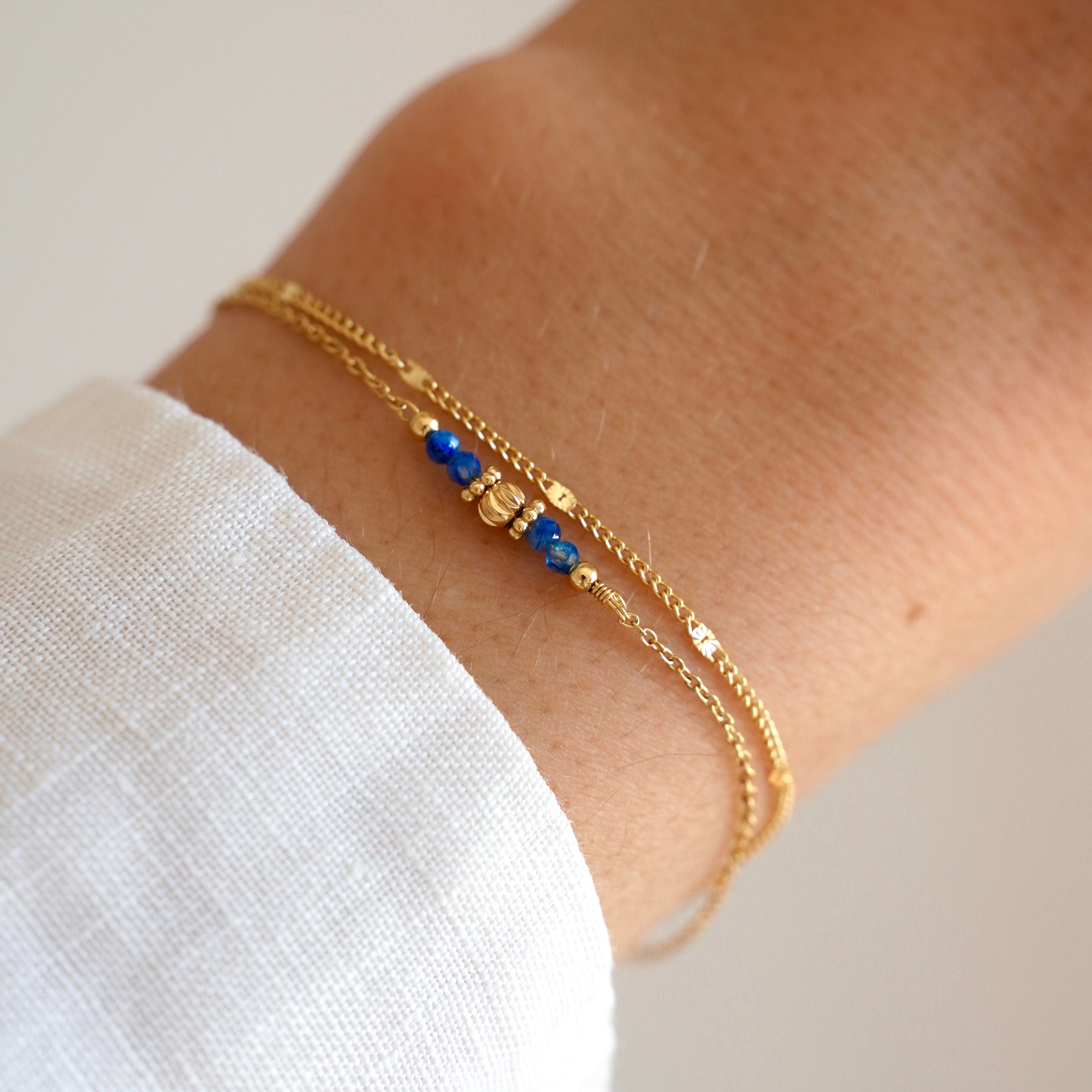 Bracelet double perles blanches / Bracelet fin acier inoxydable