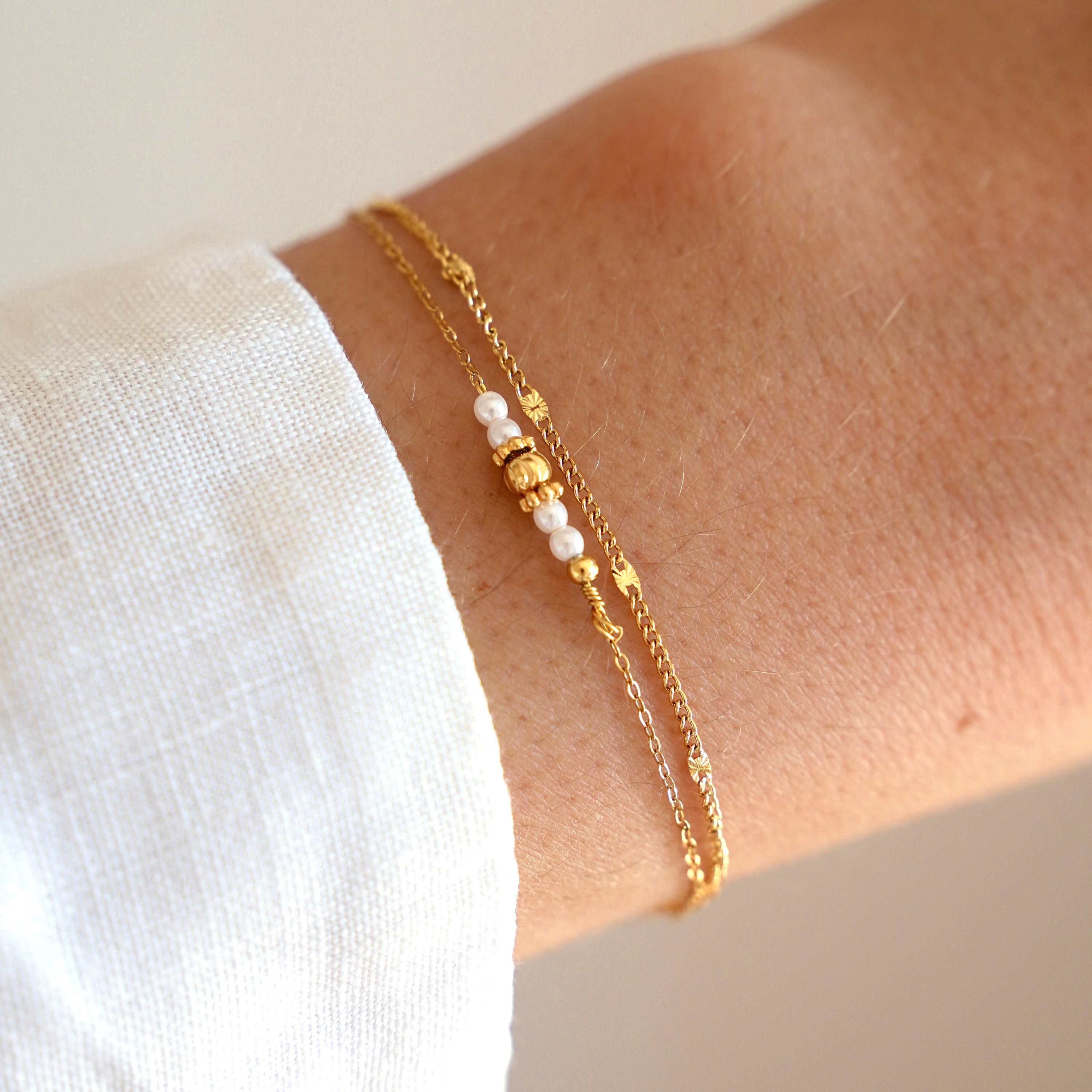 Bracelet double perles blanches / Bracelet fin acier inoxydable