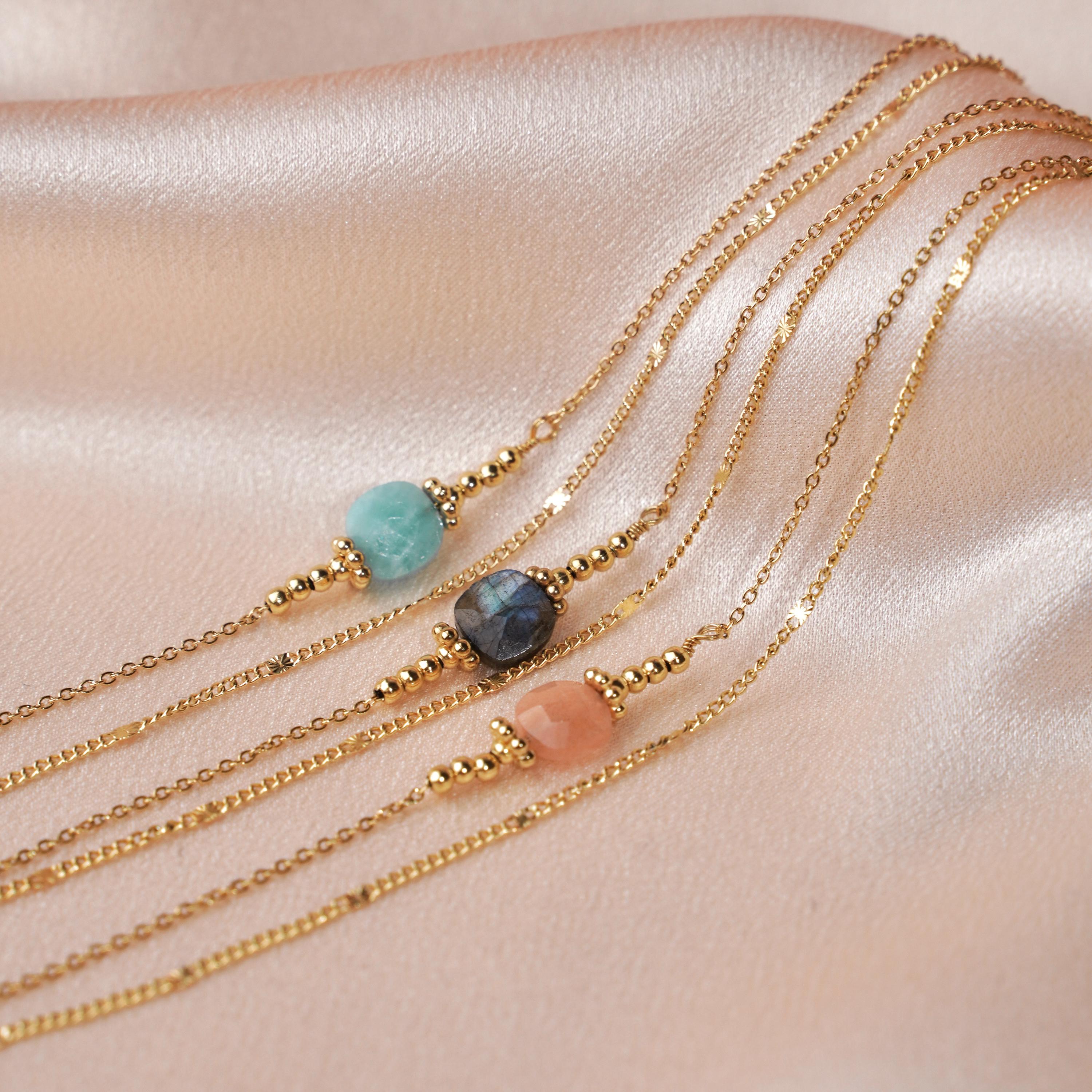 Bracelet acier inoxydable pierre naturelle amazonite / Bracelet double rang chaine fine perle carré bleu turquoise