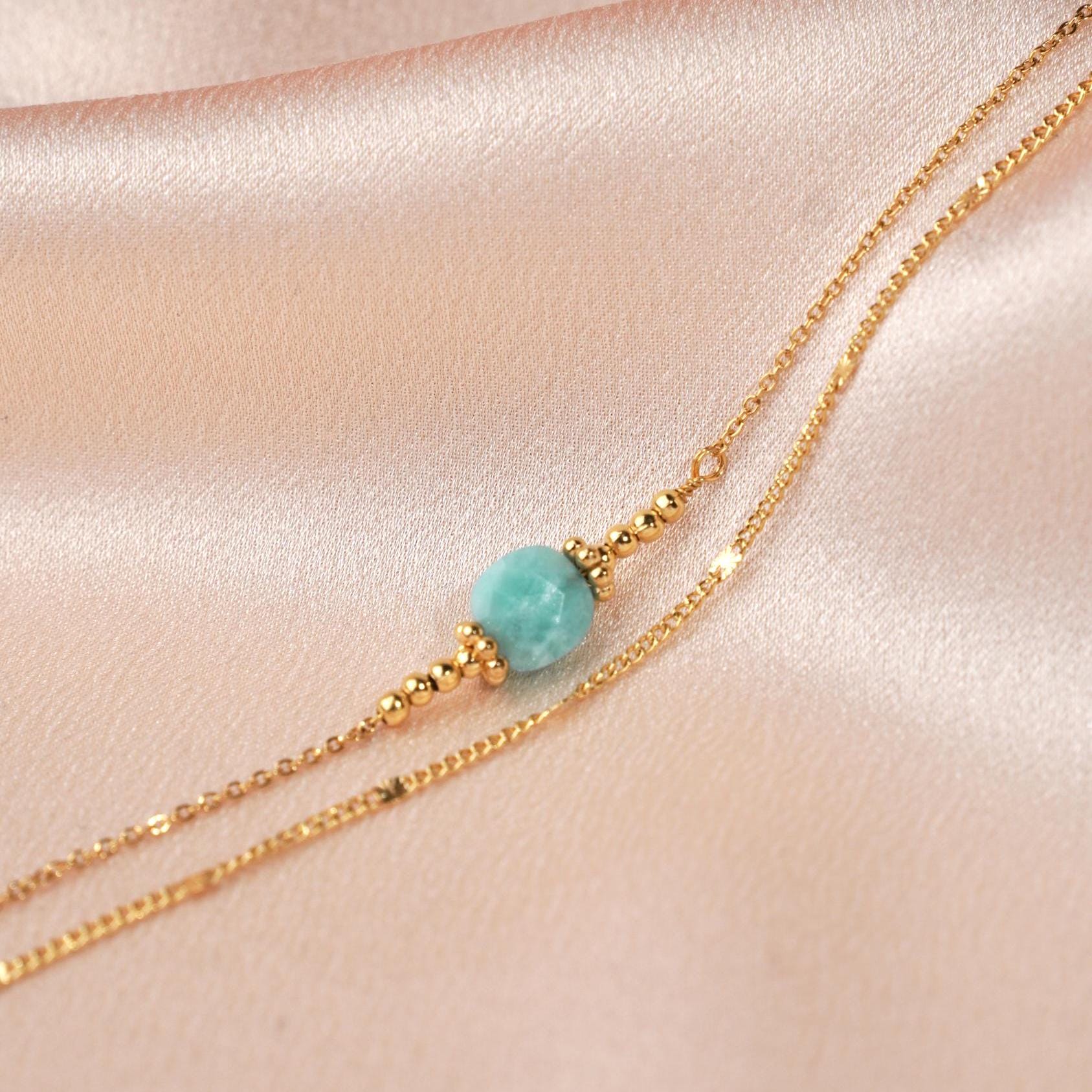 Bracelet acier inoxydable pierre naturelle amazonite / Bracelet double rang chaine fine perle carré bleu turquoise