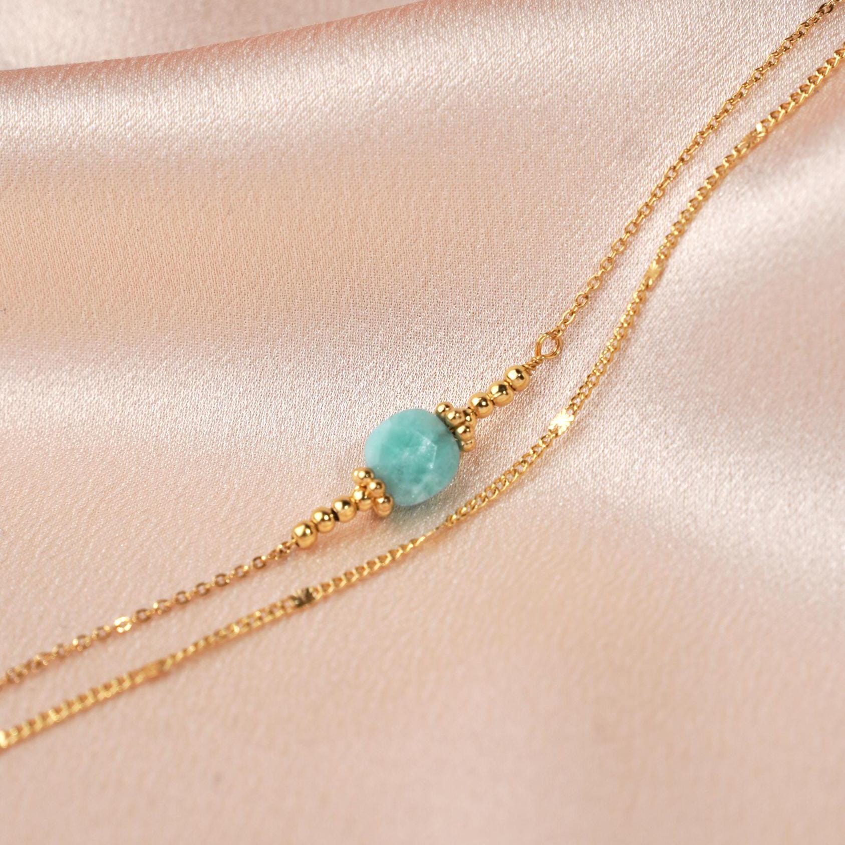 Bracelet acier inoxydable pierre naturelle quartz rose / Bracelet double rang chaine fine perle carré