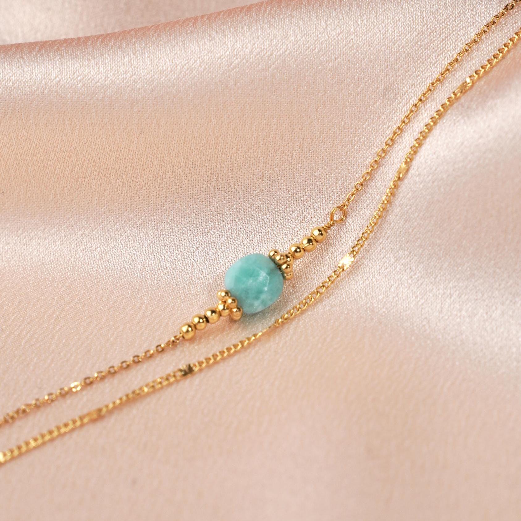Bracelet acier inoxydable pierre naturelle labradorite / Bracelet double rang chaine fine perle carré grise