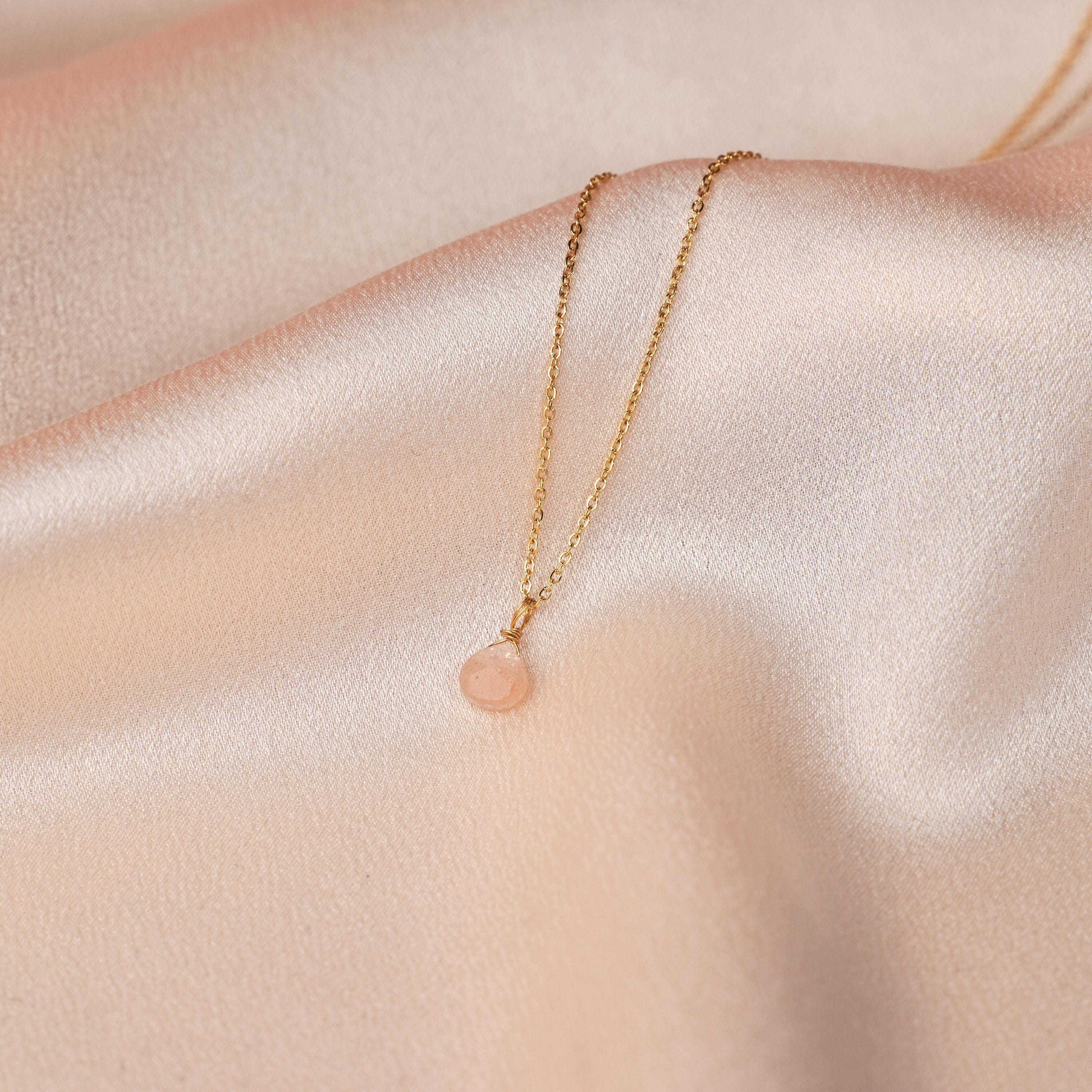 Collier fin chaine acier inoxydable pendentif pierre Agathe verte / Collier femme minimaliste chaine fine pierre naturelle goutte