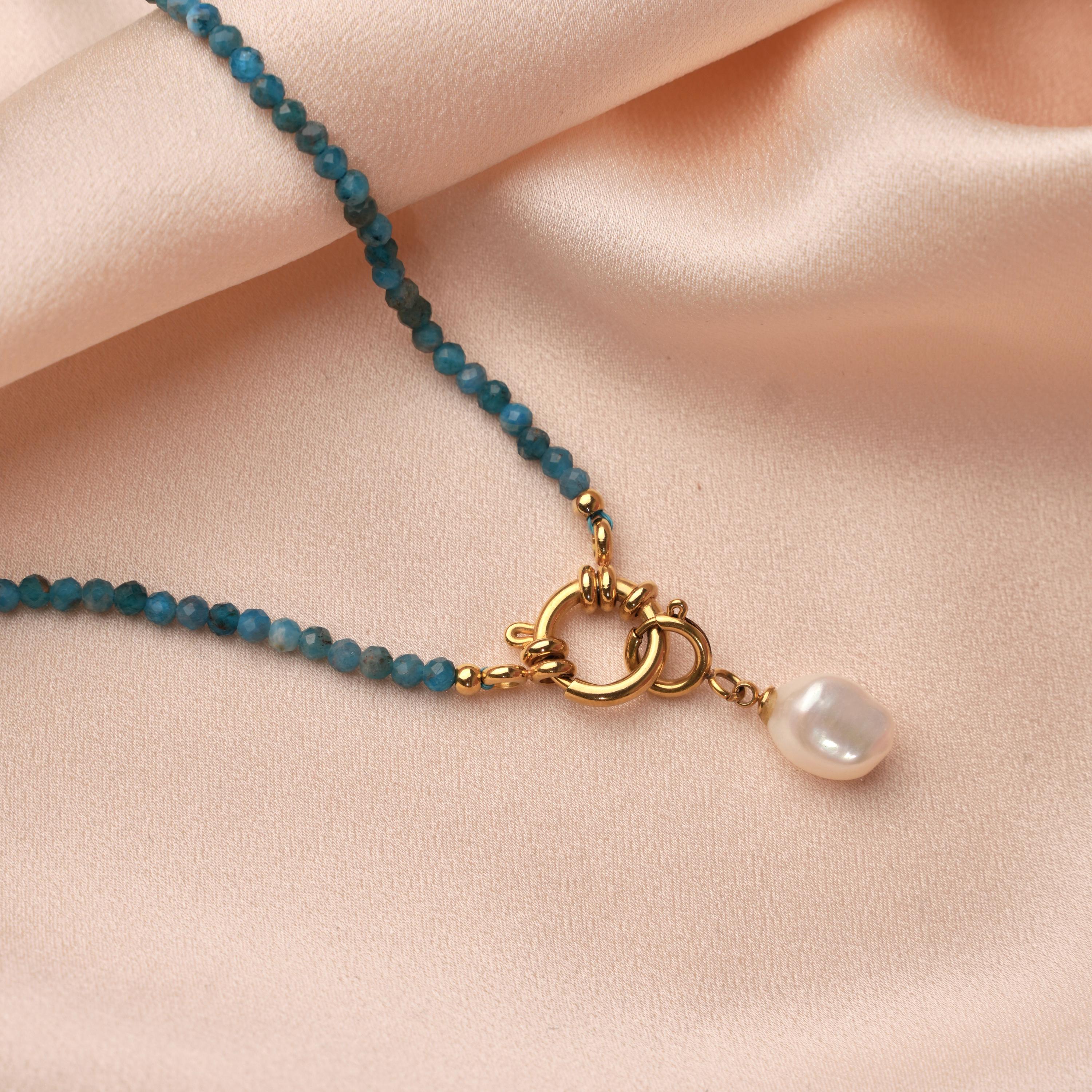 Collier pierre naturelle apatite bleu acier inoxydable / Collier femme perles pendentif nacre
