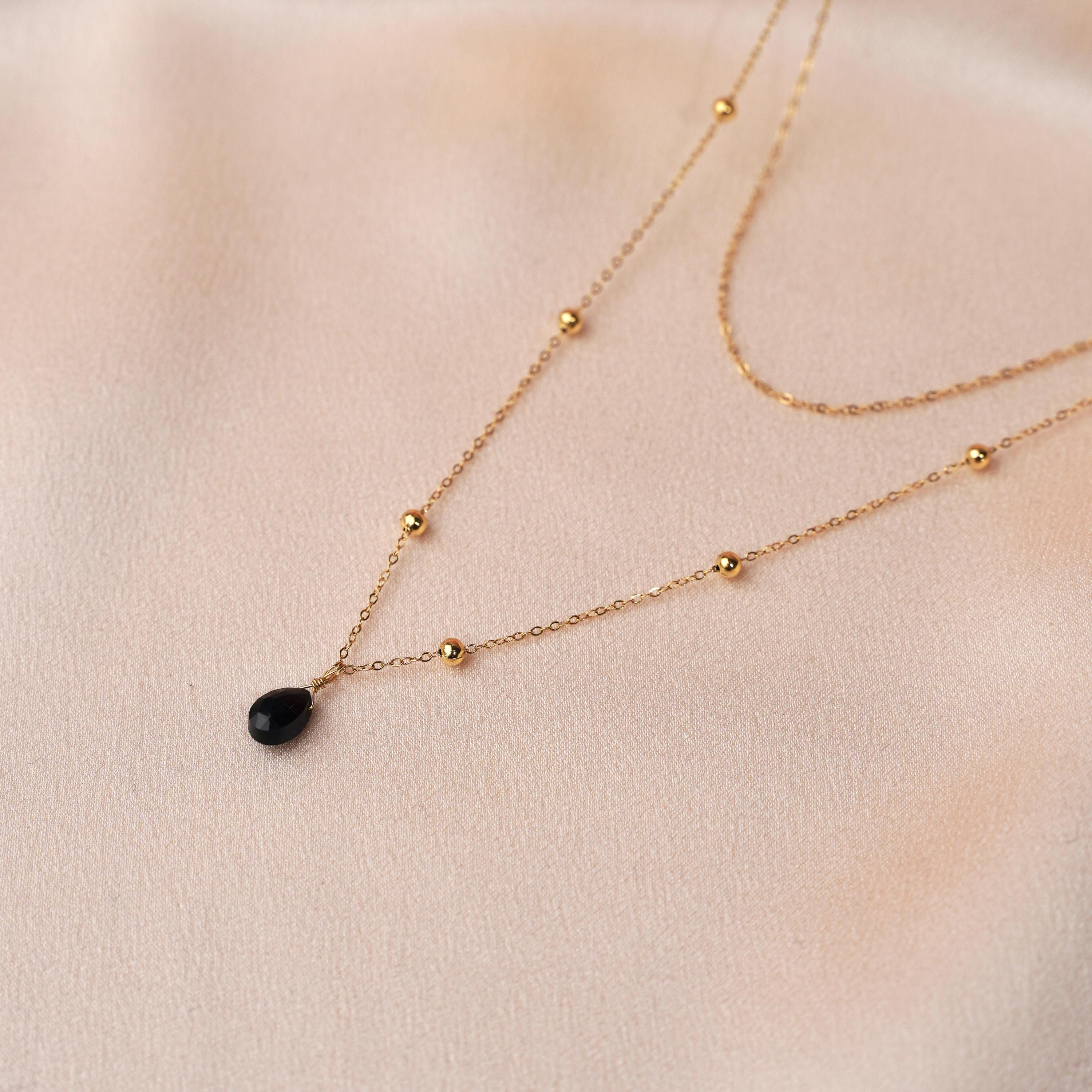 Collier double rang pendentif goutte pierre onyx noire / Collier femme chaine fine acier inoxydable