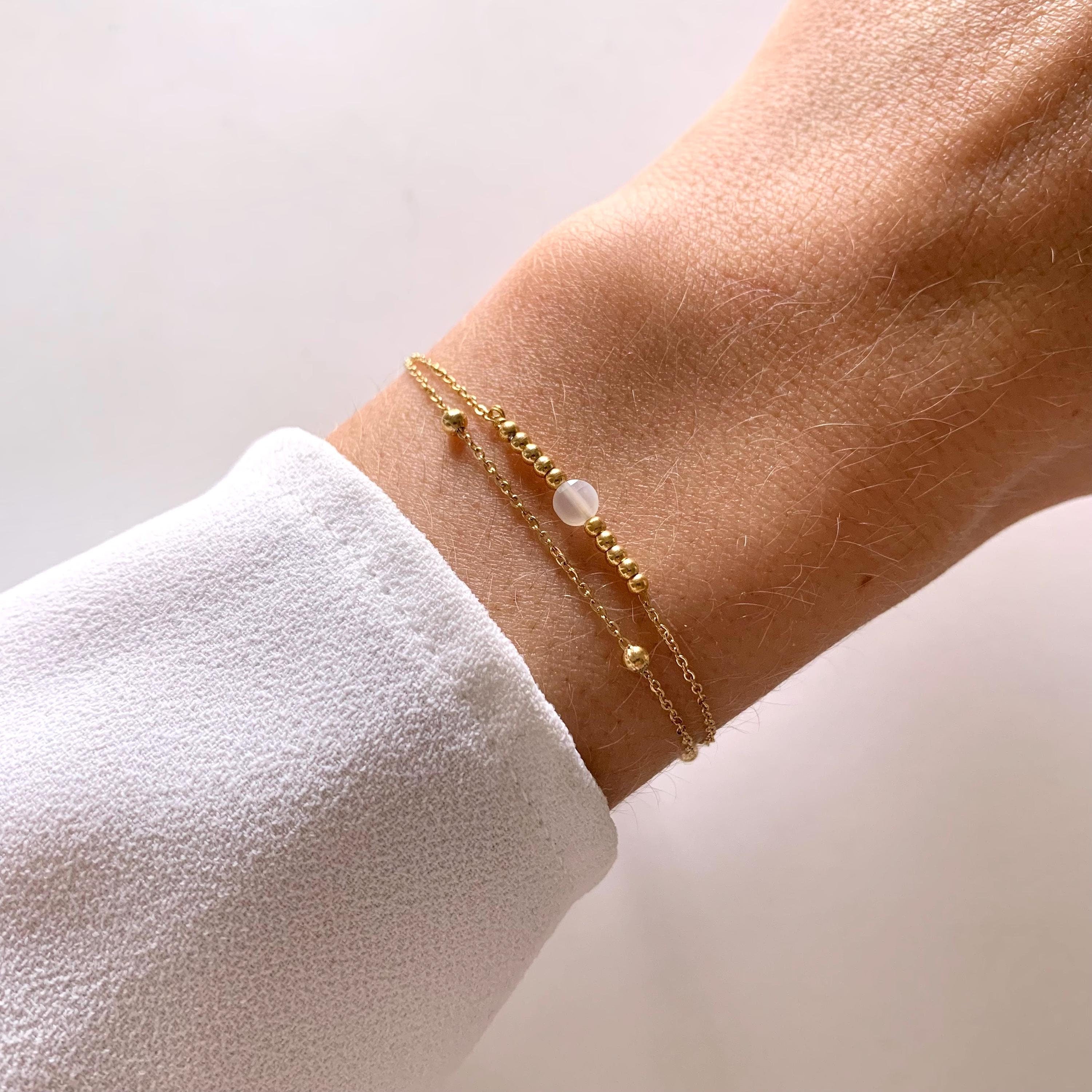 Bracelet femme double rang chaine fine pierre naturelle Agate / Bracelet doré à l'or fin