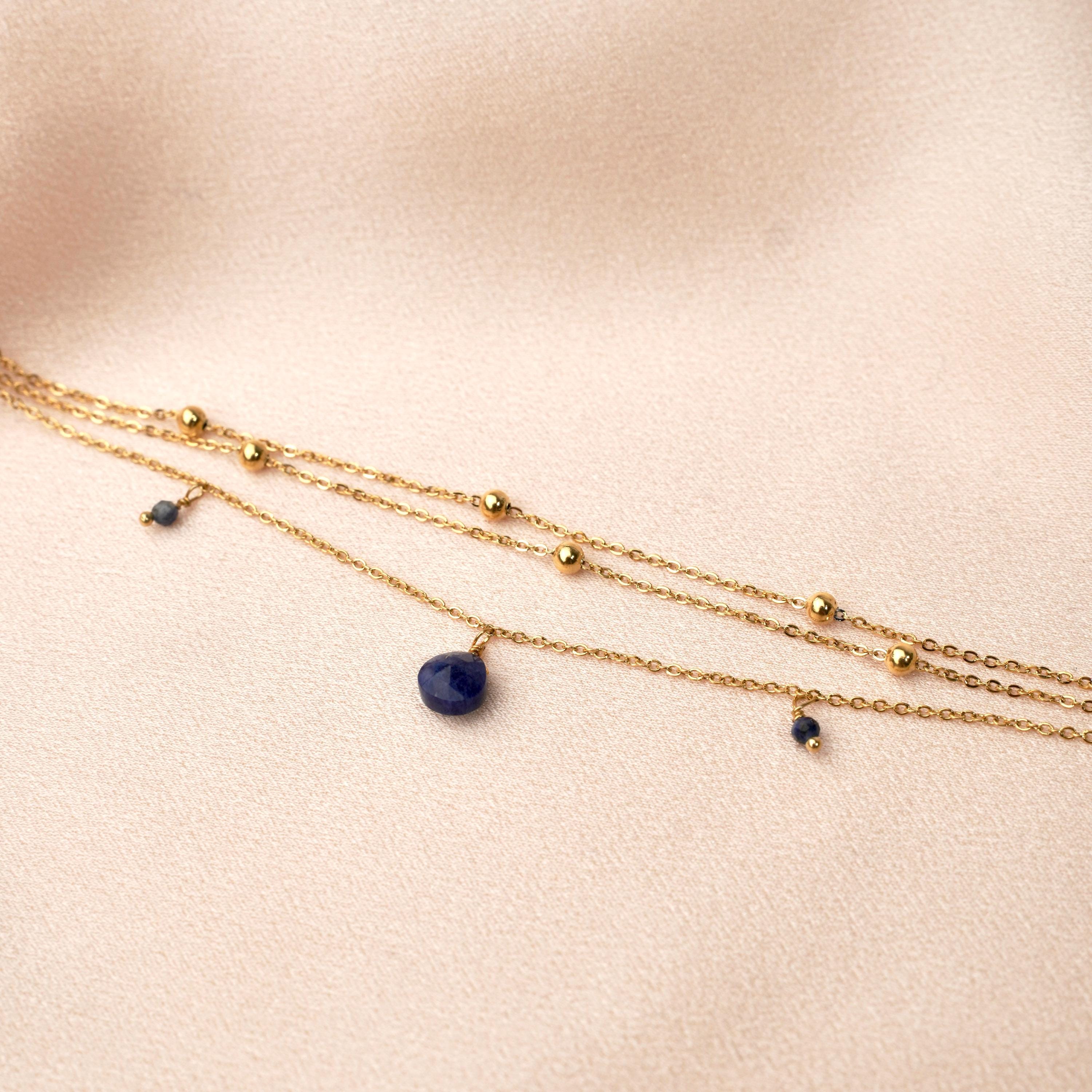 Bracelet femme acier inoxydable triple rang chaine fine pierre naturelle lapis lazuli