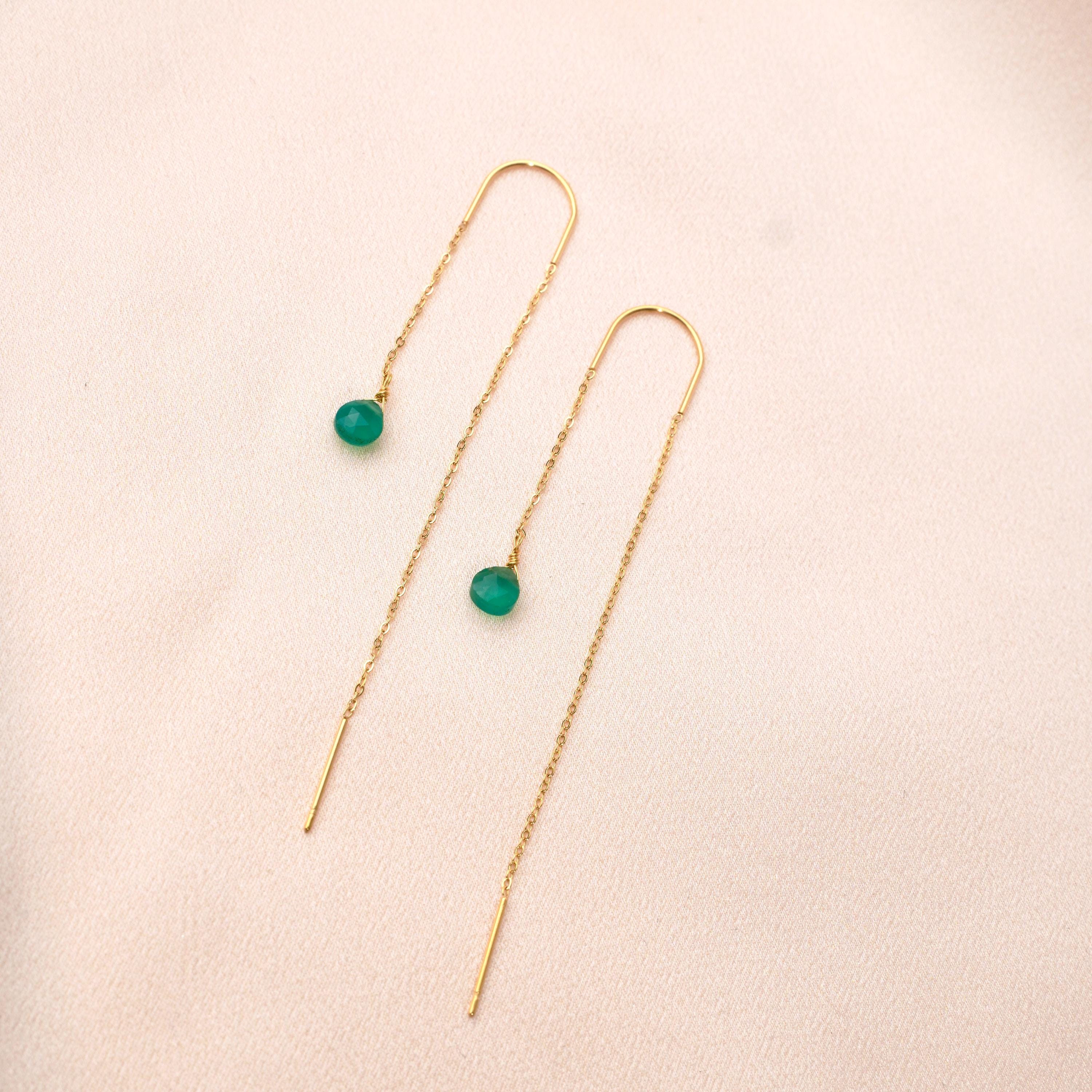 Boucles d'oreilles pendantes des deux cotés pierre naturelle agate verte / Boucles d'oreille chaine traversante acier inoxydable