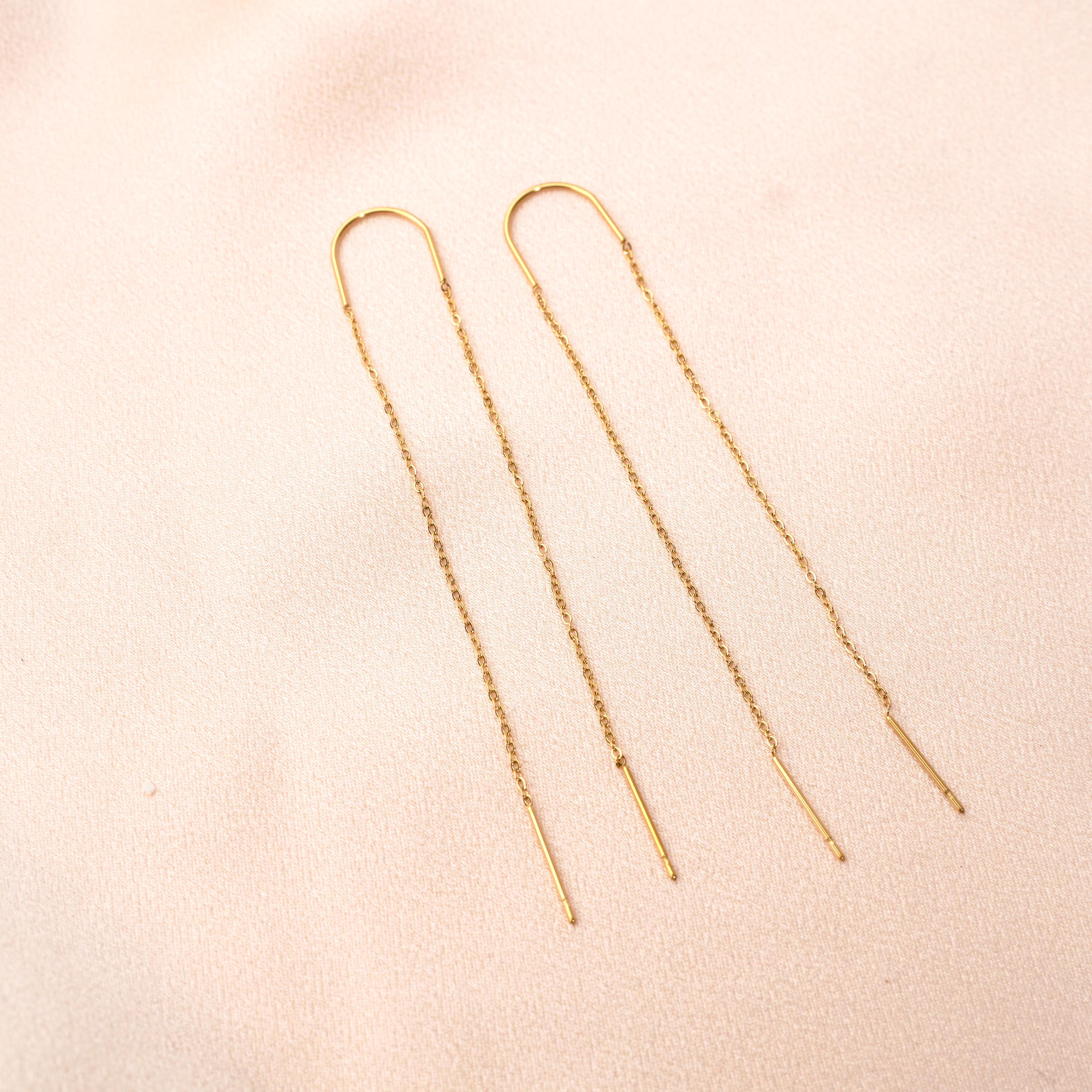 Boucle d'oreille pendantes des deux cotés / Boucles d'oreille chaine traversante avant arrière acier inoxydable