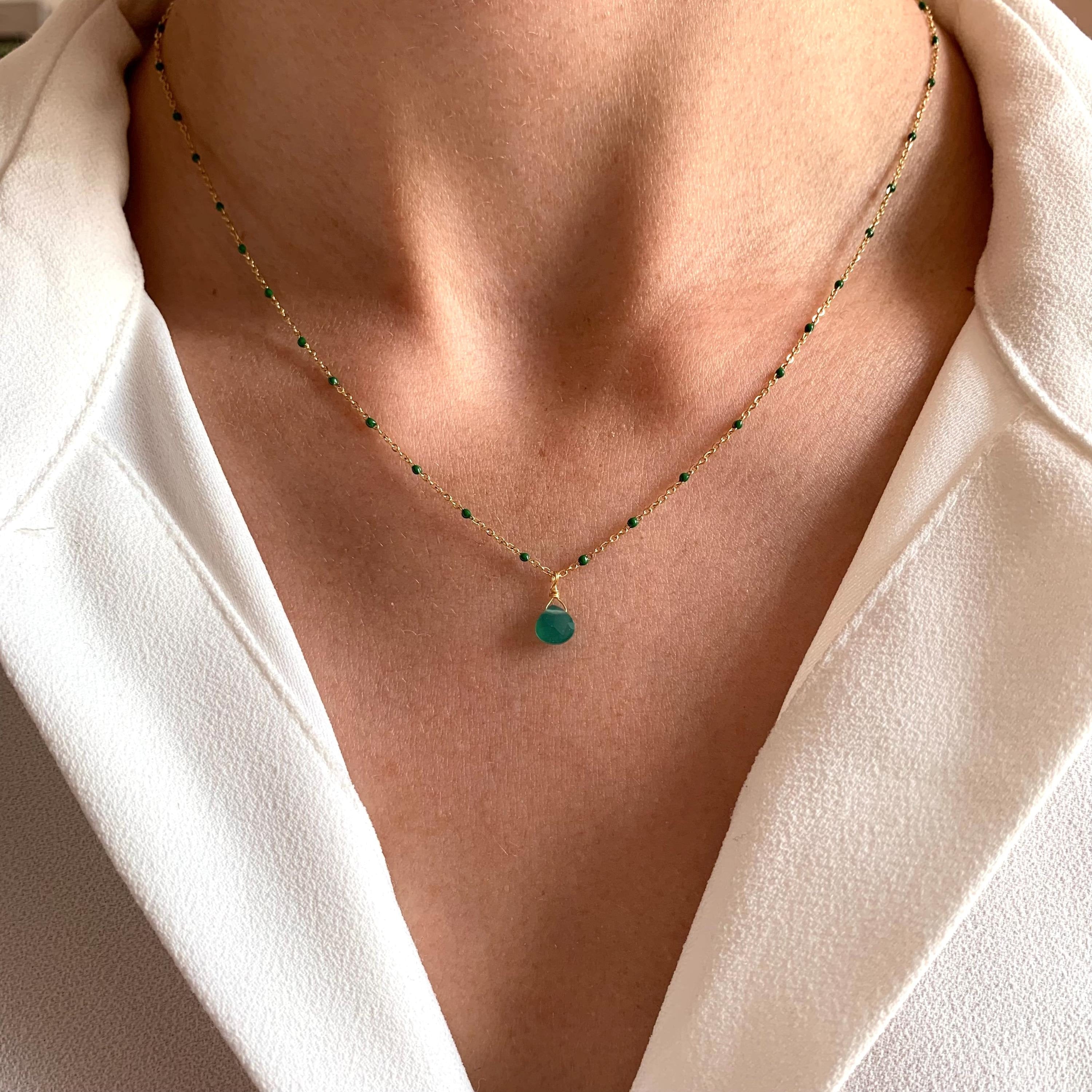 Collier acier inoxydable pendentif goutte pierre verte Agate / Collier femme minimaliste chaine