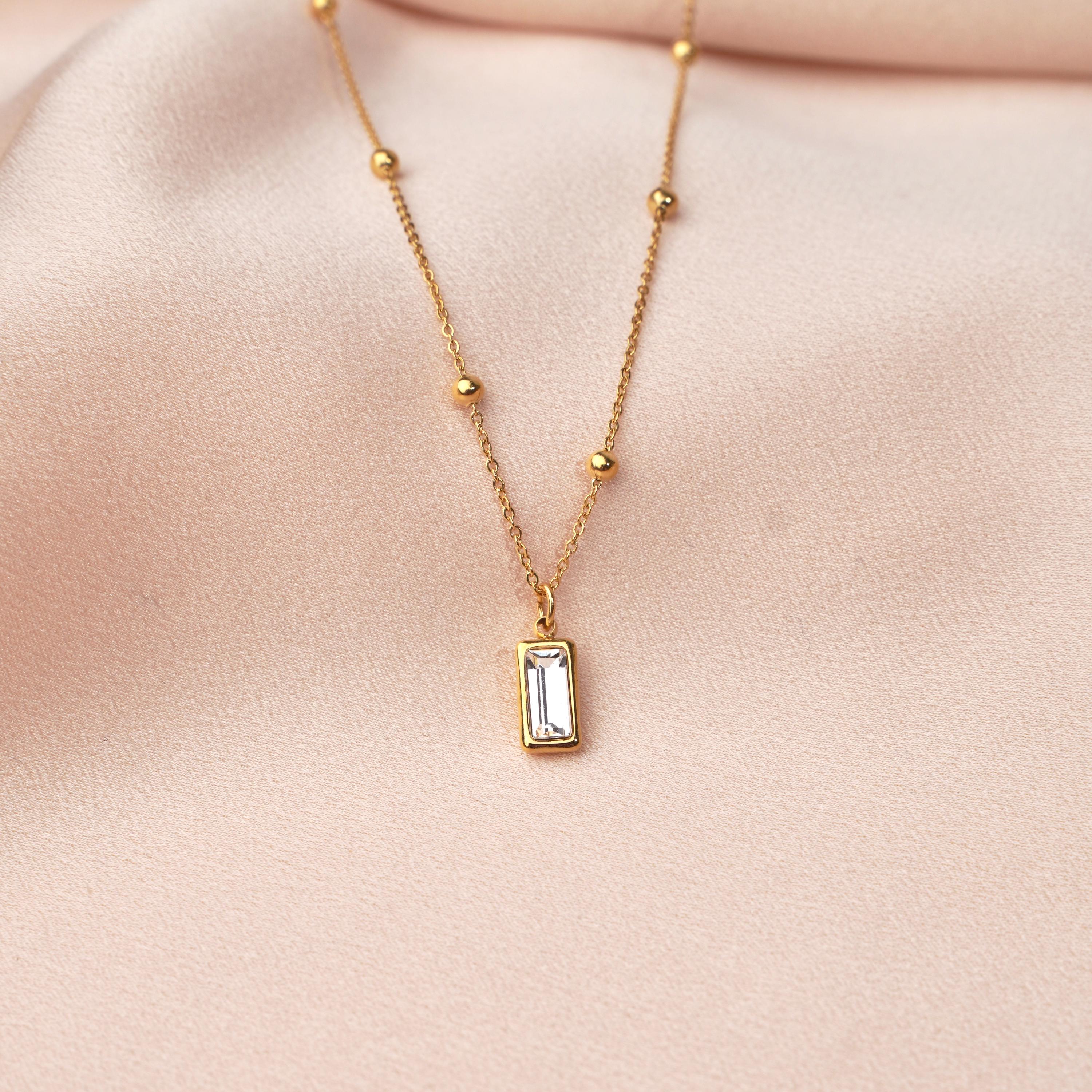 Collier fin pendentif pierre zircon brilliant / Collier femme minimaliste chaine fine acier inoxydable / Cadeau femme