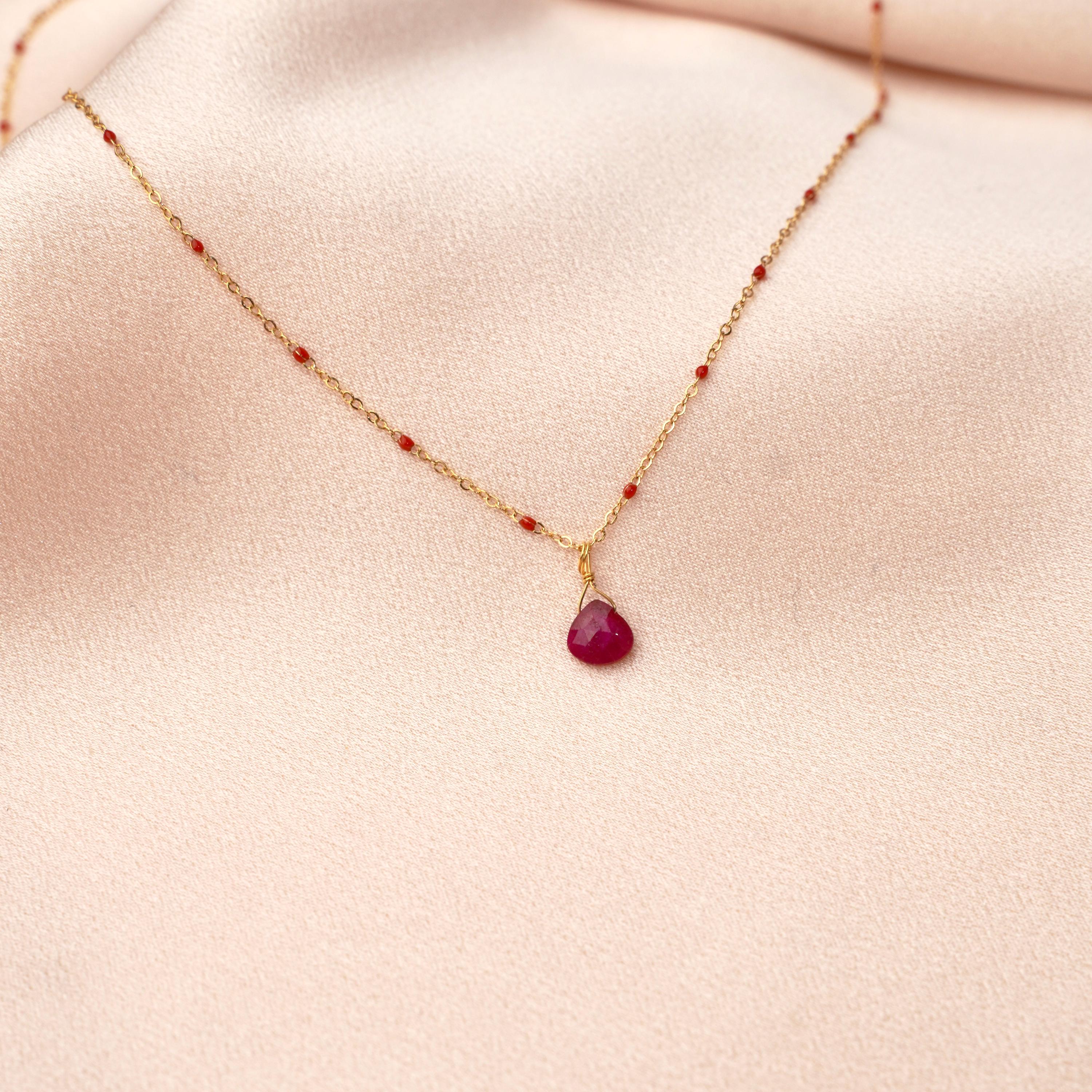Collier acier inoxydable pendentif pierre rose fuschia / Collier femme minimaliste chaine