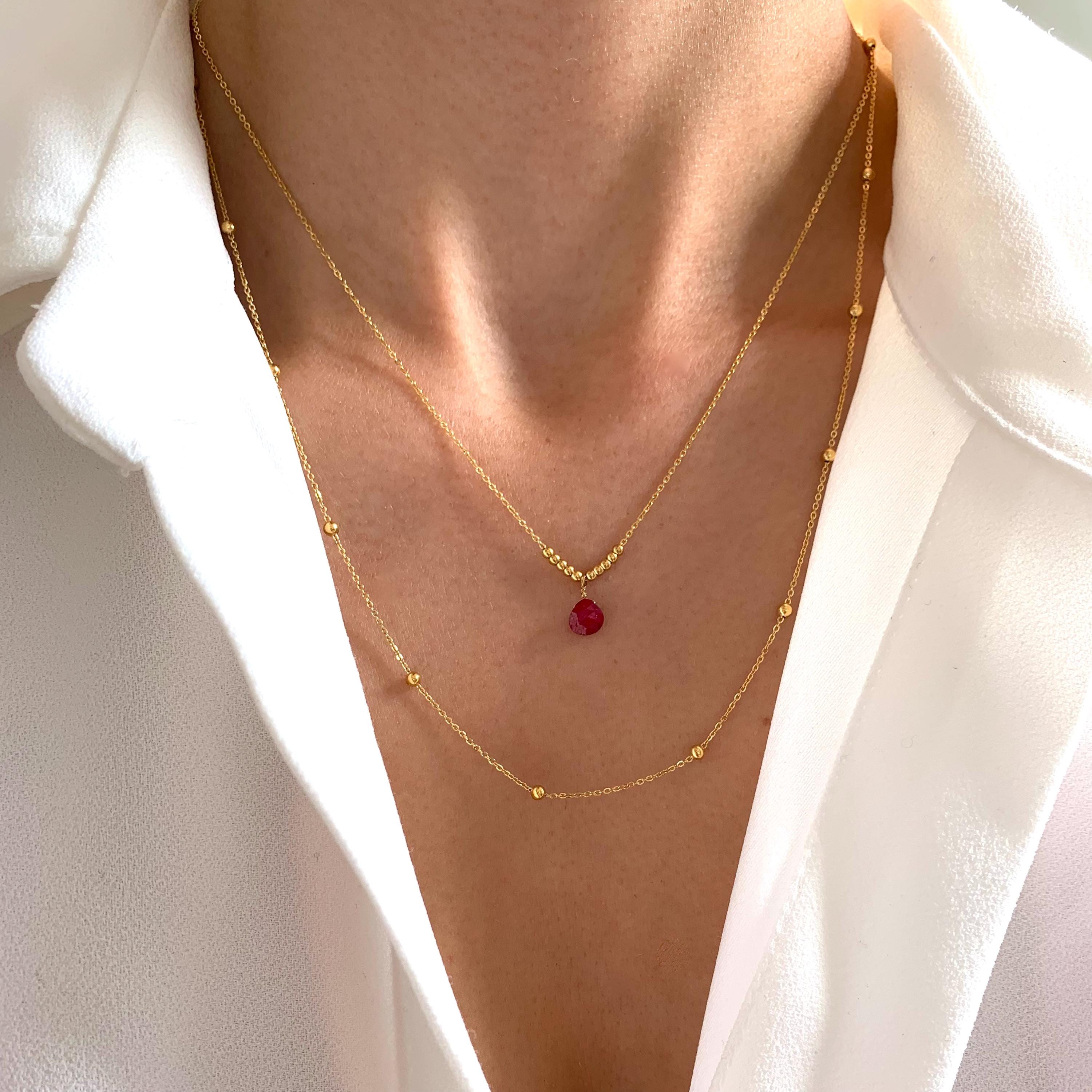 Collier fin double rang quartz / Collier femme acier inoxydable chaine à billes pendentif pierre naturelle